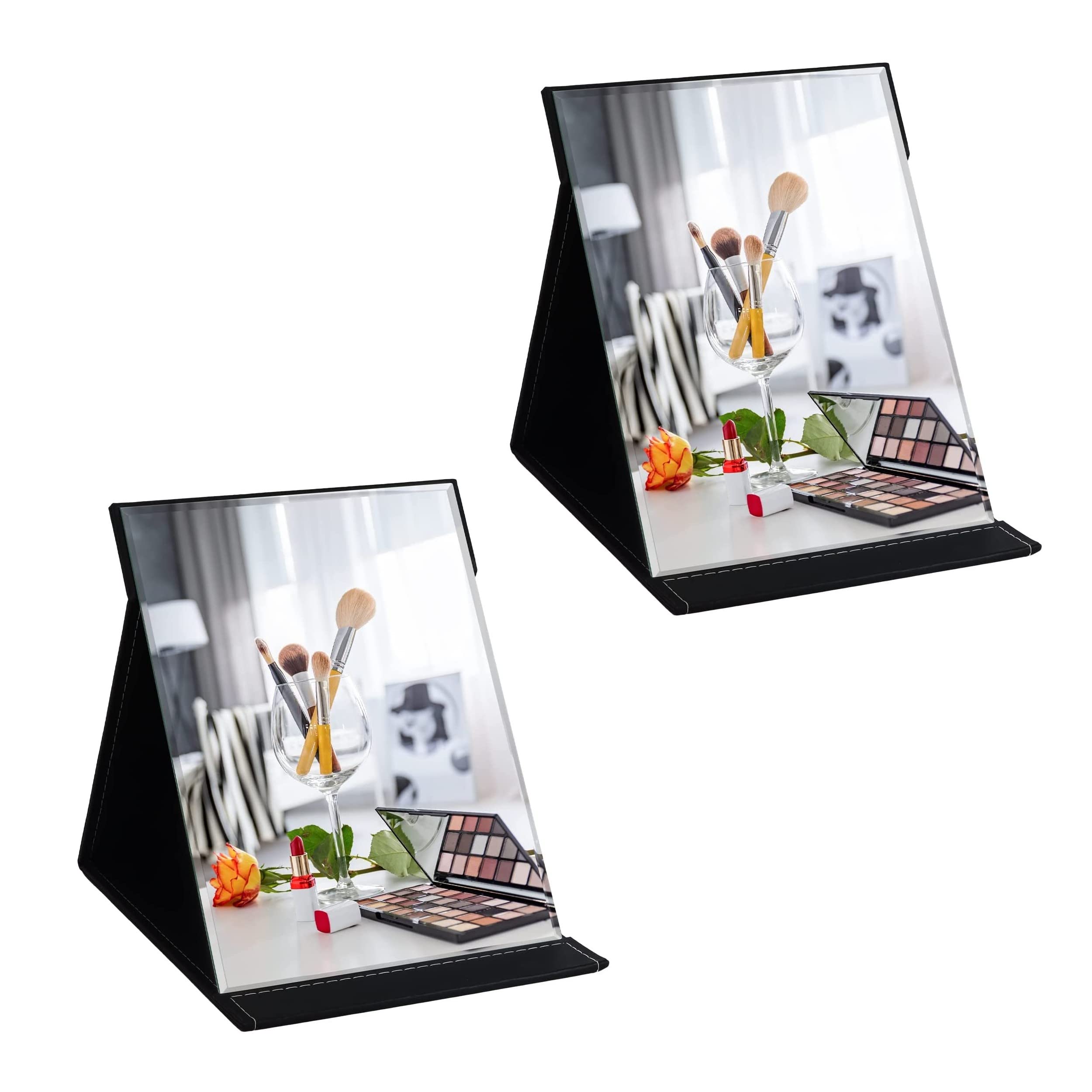 OLWICK® Folding Travel Mirror - Portable Adjustable Rectangular Makeup Mirror with PU Leather Case, Ultra Thin & Lightweight (17x12cm, Black 2-Pack) - Perfect for Travel, Camping, Home & Office Use