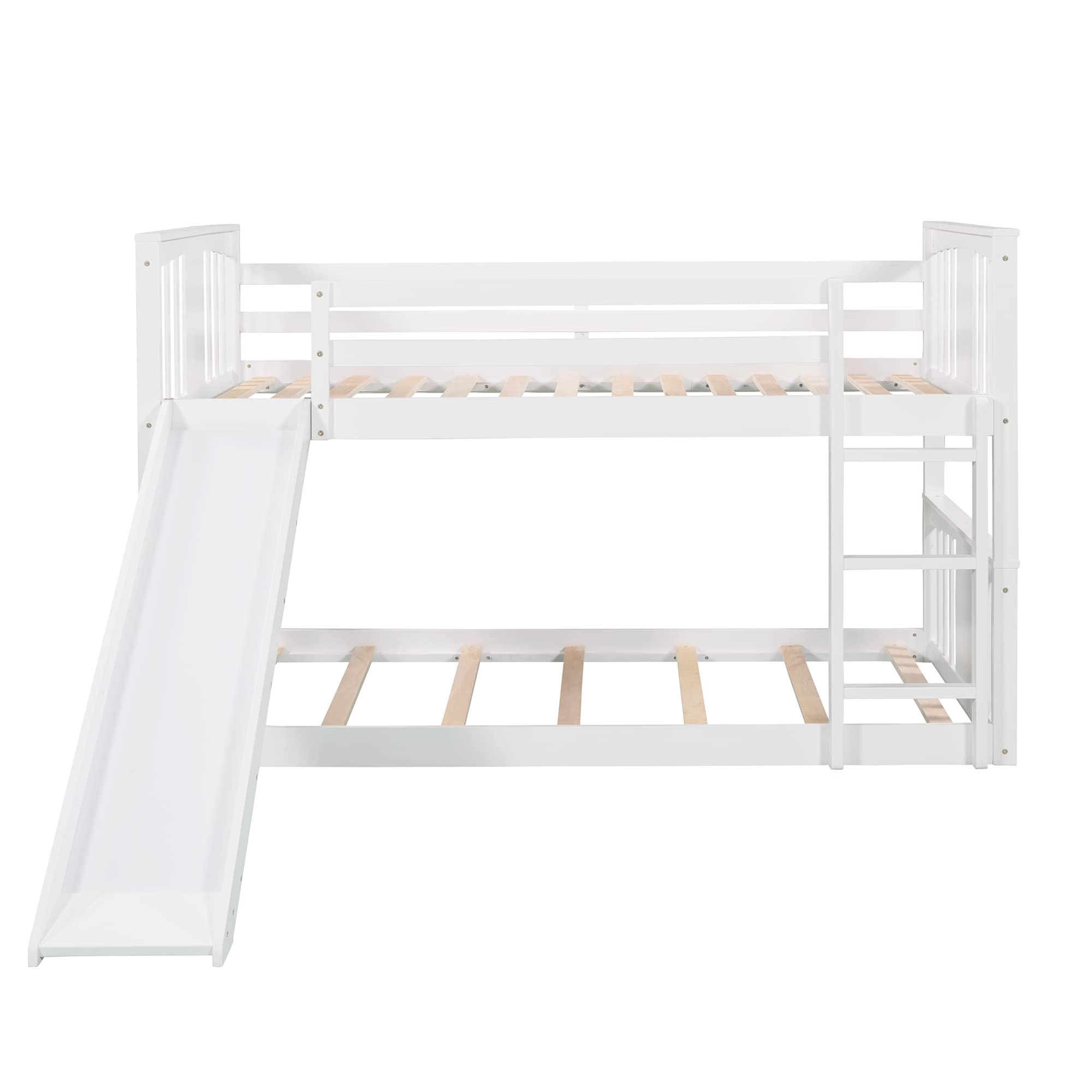**Twin Over Twin Kids Bunk Bed with Slide & Ladder - Wooden Low Bunk Bed for Children (White) - Perfect for Small Bedrooms, Playrooms & Sleepovers**