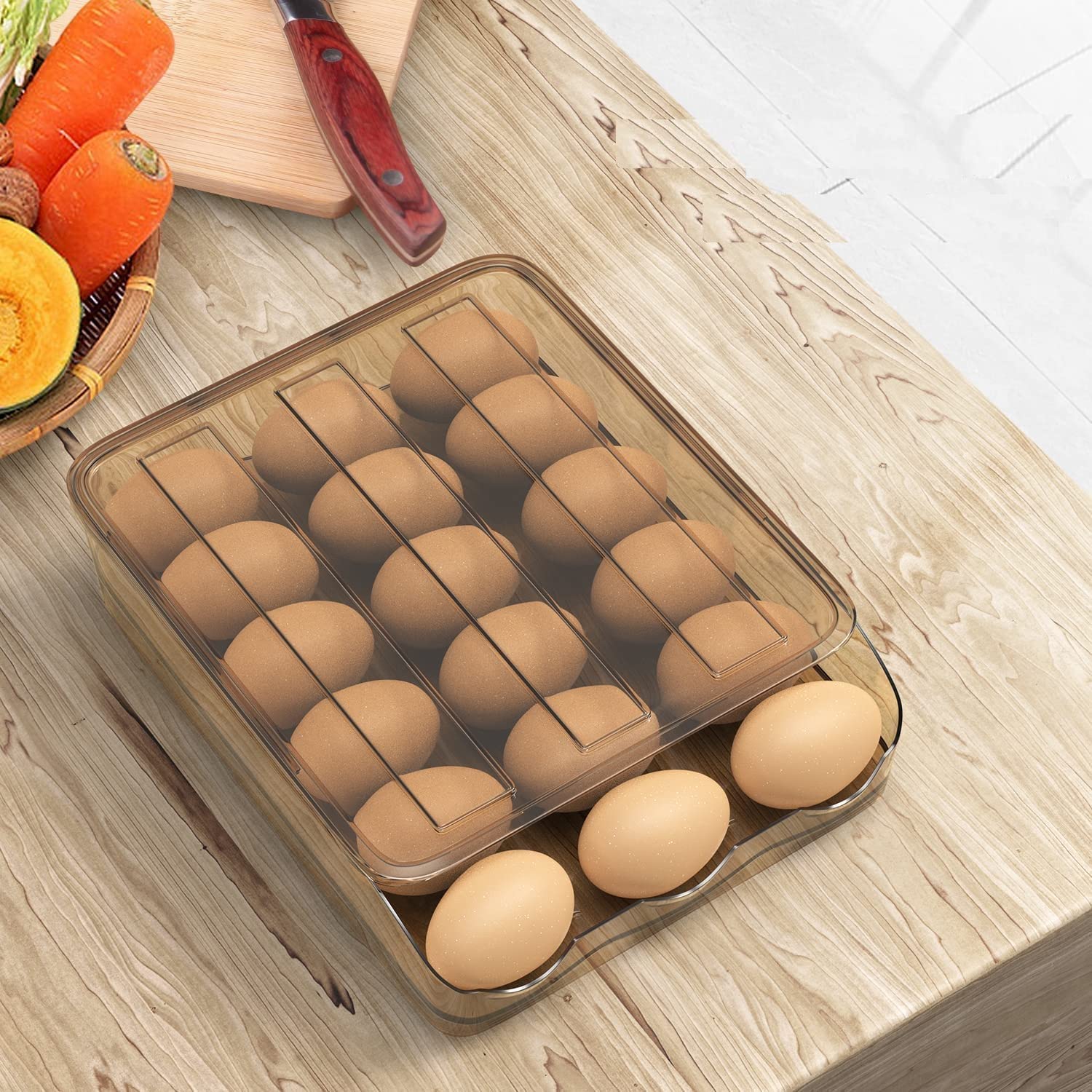 Glowick Reusable Egg Storage Box - 18 Compartment Refrigerator Egg Holder with Sliding Design & Auto Rolling - Single Layer Egg Tray for Kitchen Organization - Perfect for Fridge Storage, Breakfast Prep & Farm Fresh Eggs
