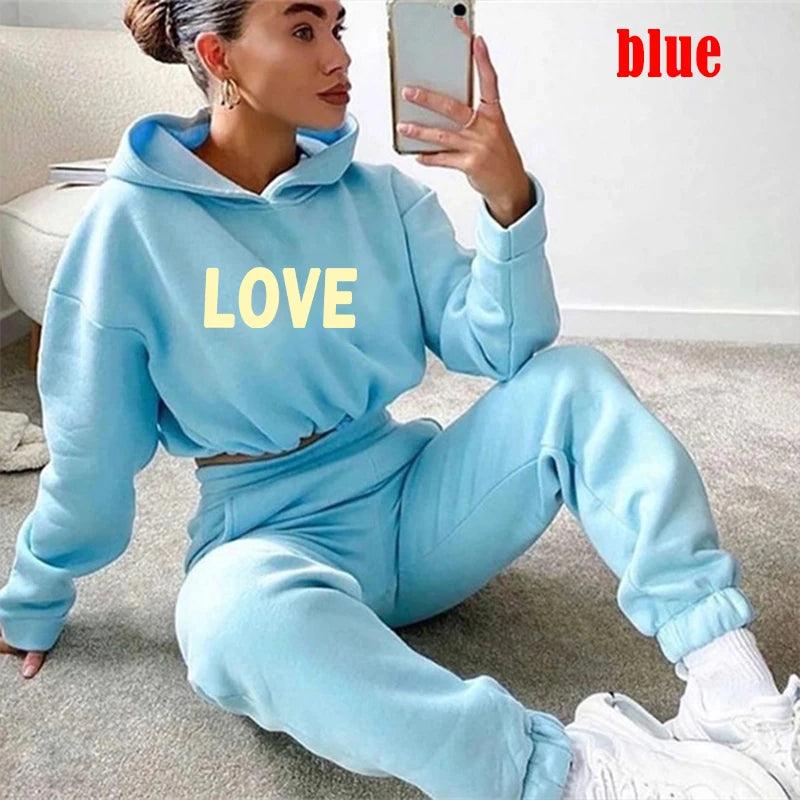 Women's 2-Piece Tracksuit Set - LOVE Letter Print Hoodie & Jogger Pants, Casual Winter Sportswear, 8 Color Options for Gym, Running & Lounge Wear