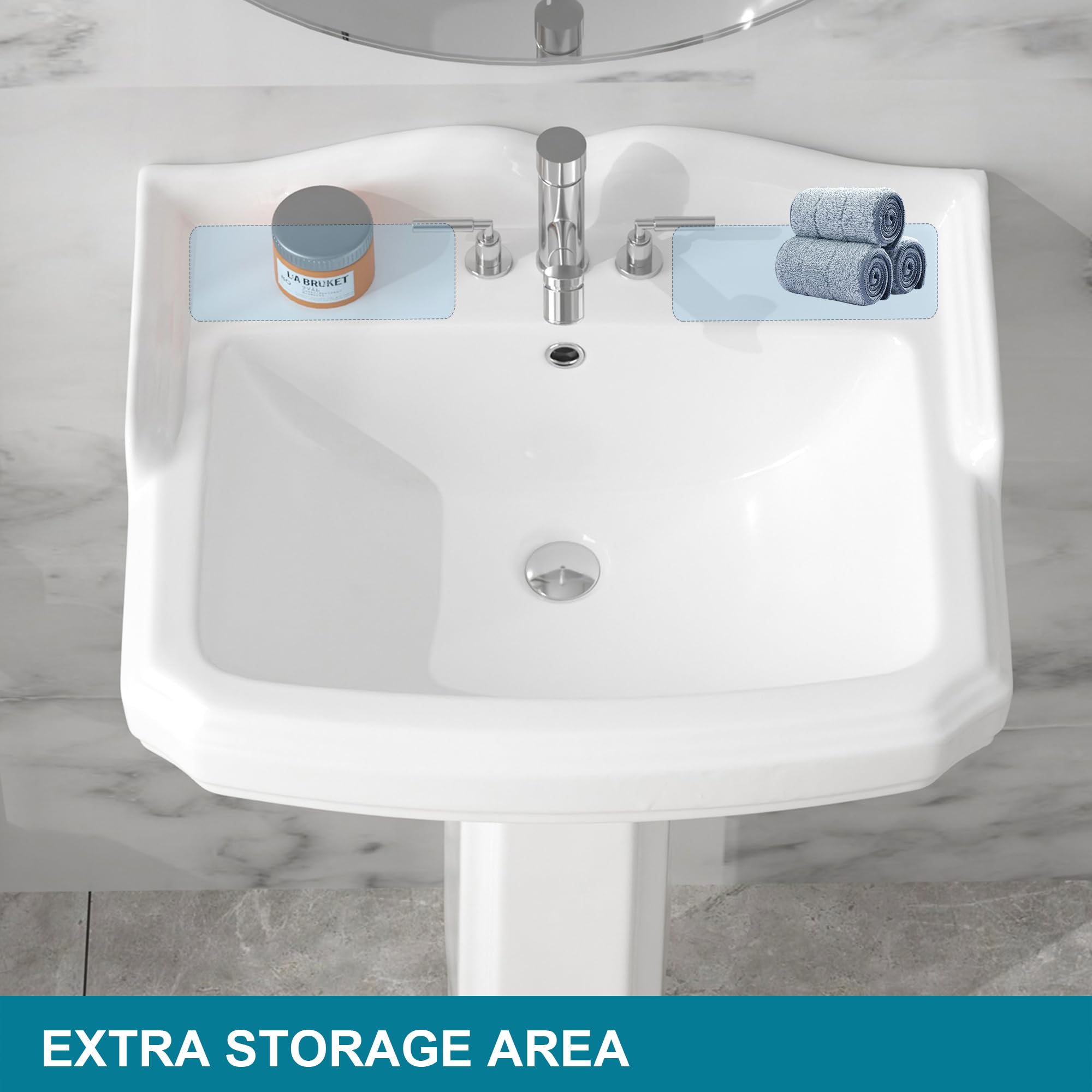 23 x 19 Inch White Porcelain Pedestal Sink with Backsplash - 3 Hole Faucet & Overflow Drain - Modern Rectangular Bathroom Vanity for Small Spaces - Perfect for Powder Rooms, Guest Baths & Apartment Renovations