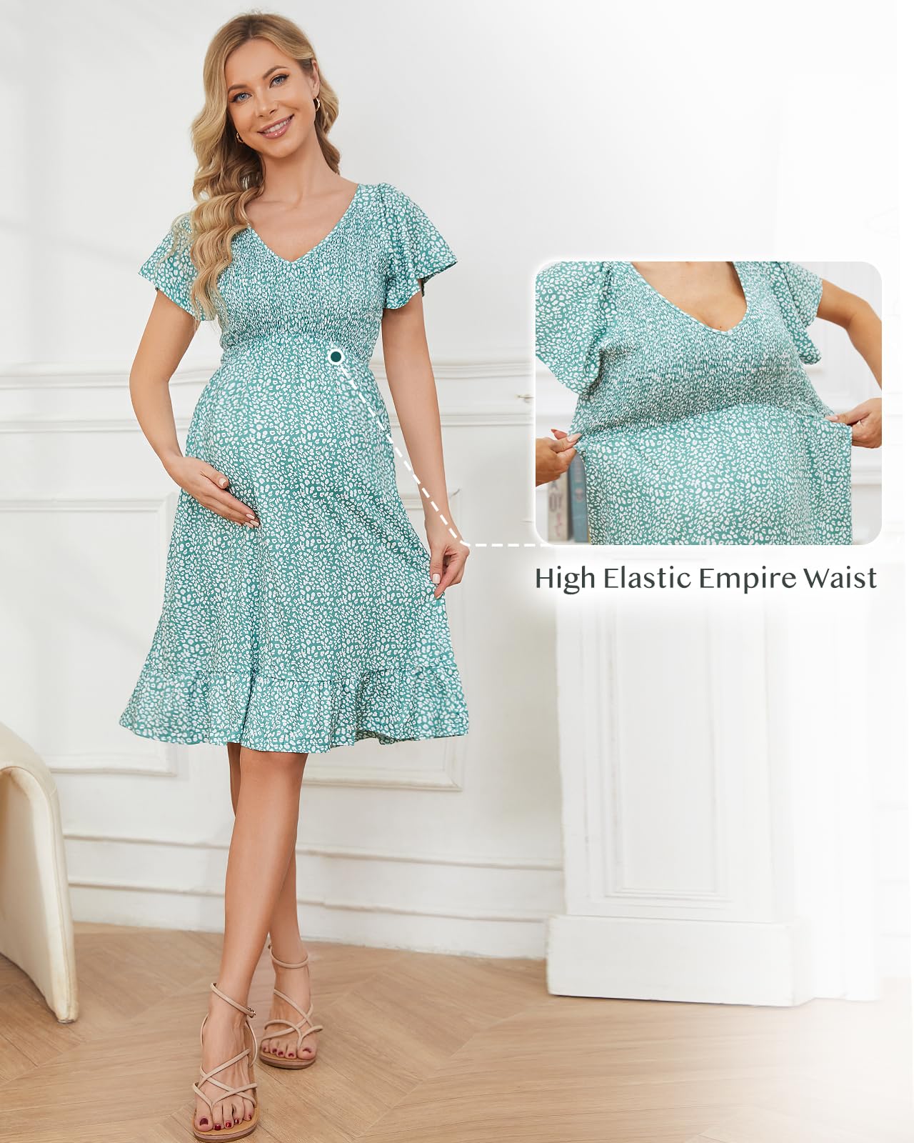 **Domee Floral Maternity Dress - V-Neck A-Line Midi Dress with Ruffles & Short Sleeves for Baby Shower, Photoshoot & Summer Outfits**