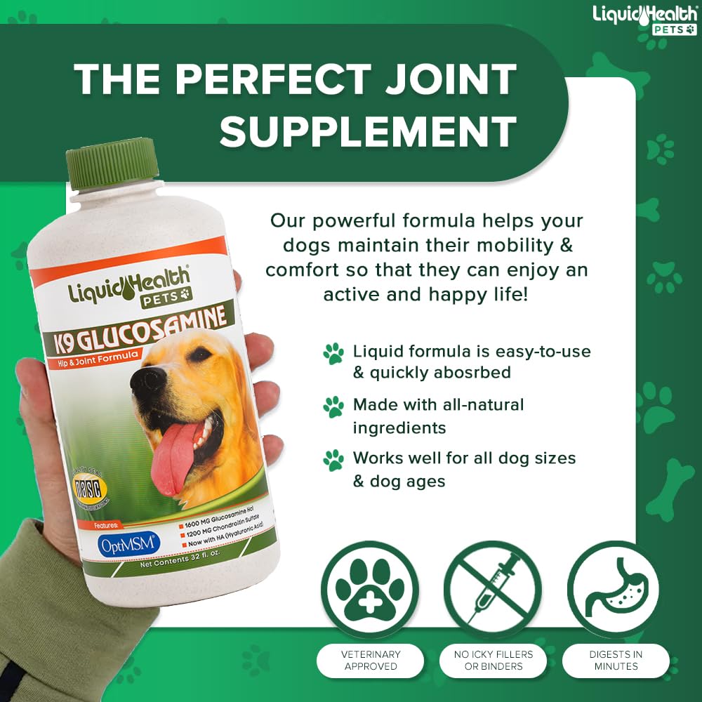 LiquidHealth 128 Oz K9 Liquid Glucosamine for Dogs - Chondroitin, MSM & Hyaluronic Acid Supplement | Supports Hip & Joint Health, Relieves Pain in Puppies & Senior Dogs | Dog Joint Oil Vitamin (1 Gallon) for Active & Aging Pets | Perfect for Daily Use & Post-Exercise Recovery
