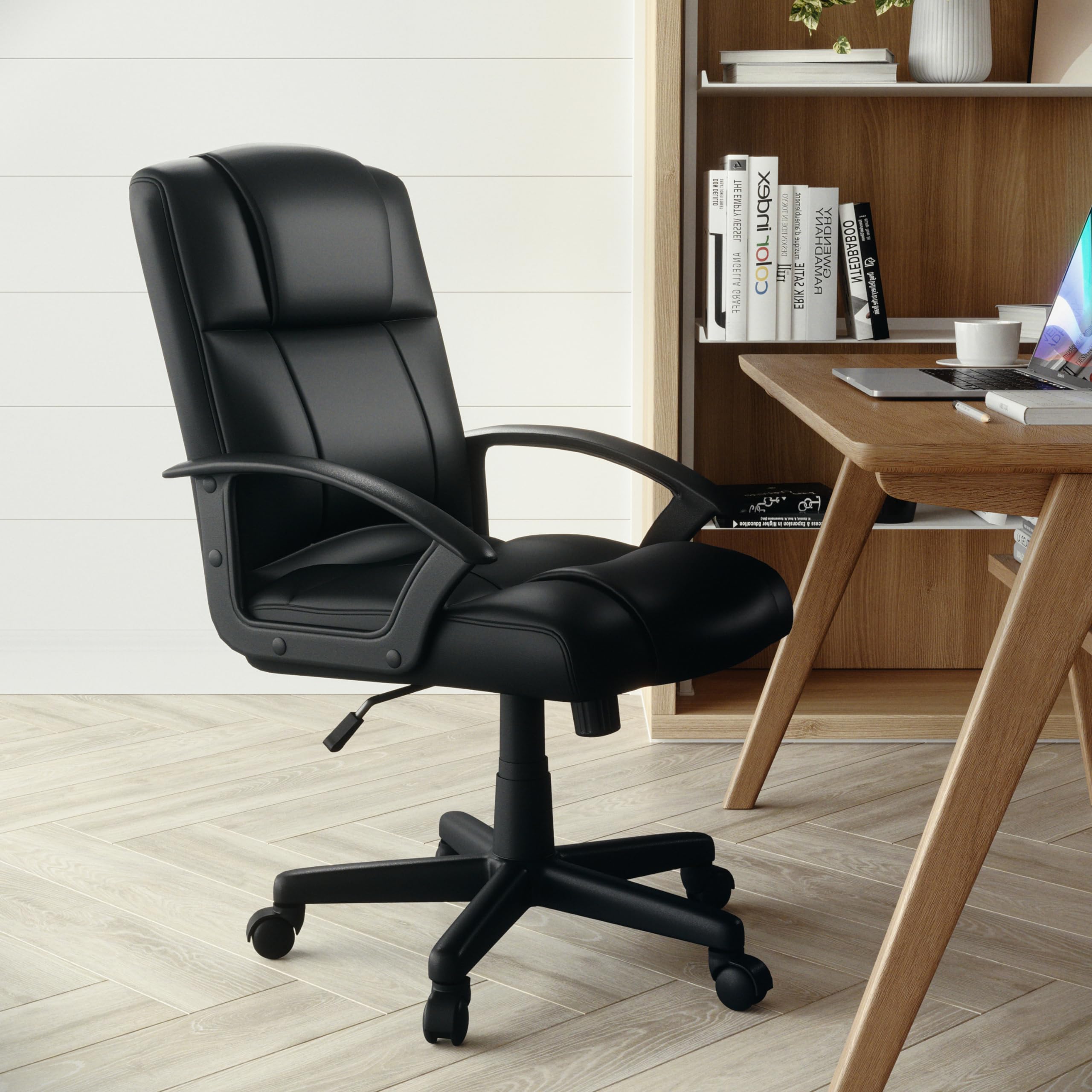 Ergonomic Mid-Back Black Leather Office Chair with Soft Padded Seat & Adjustable Arms - Perfect for Home Office, Gaming & Workspace Comfort