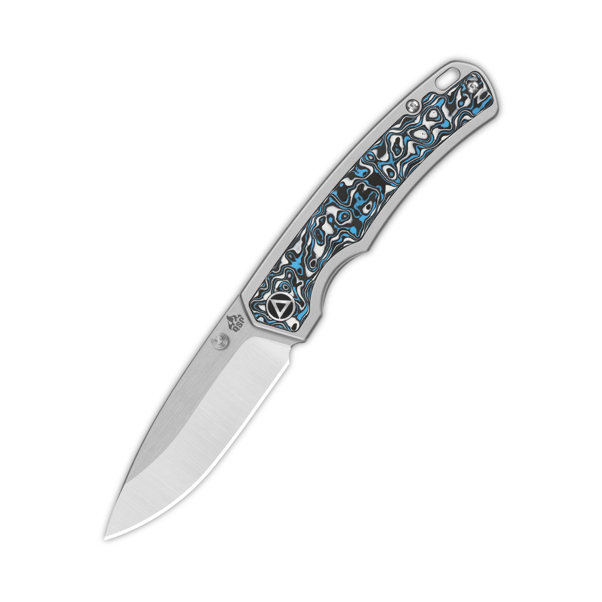 QSP Puffin Frame Lock Pocket Knife - CPM S35VN Steel Blade, Titanium Handle with Blue Camo Carbon Fiber Inlay - EDC, Outdoor, Camping & Survival Knife