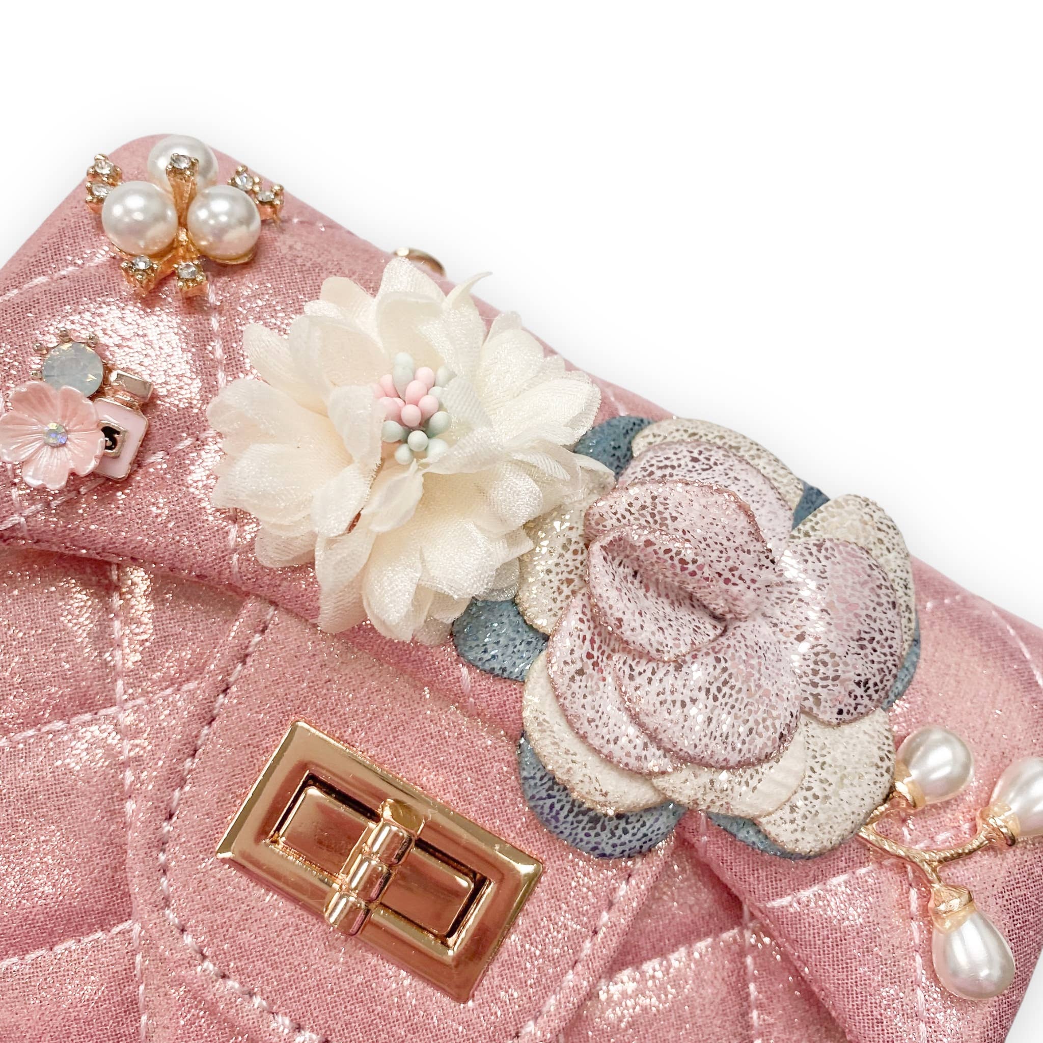 Shiny Silver Floral Applique Quilted Purse for Women - Elegant Evening Bag for Parties, Weddings & Special Occasions