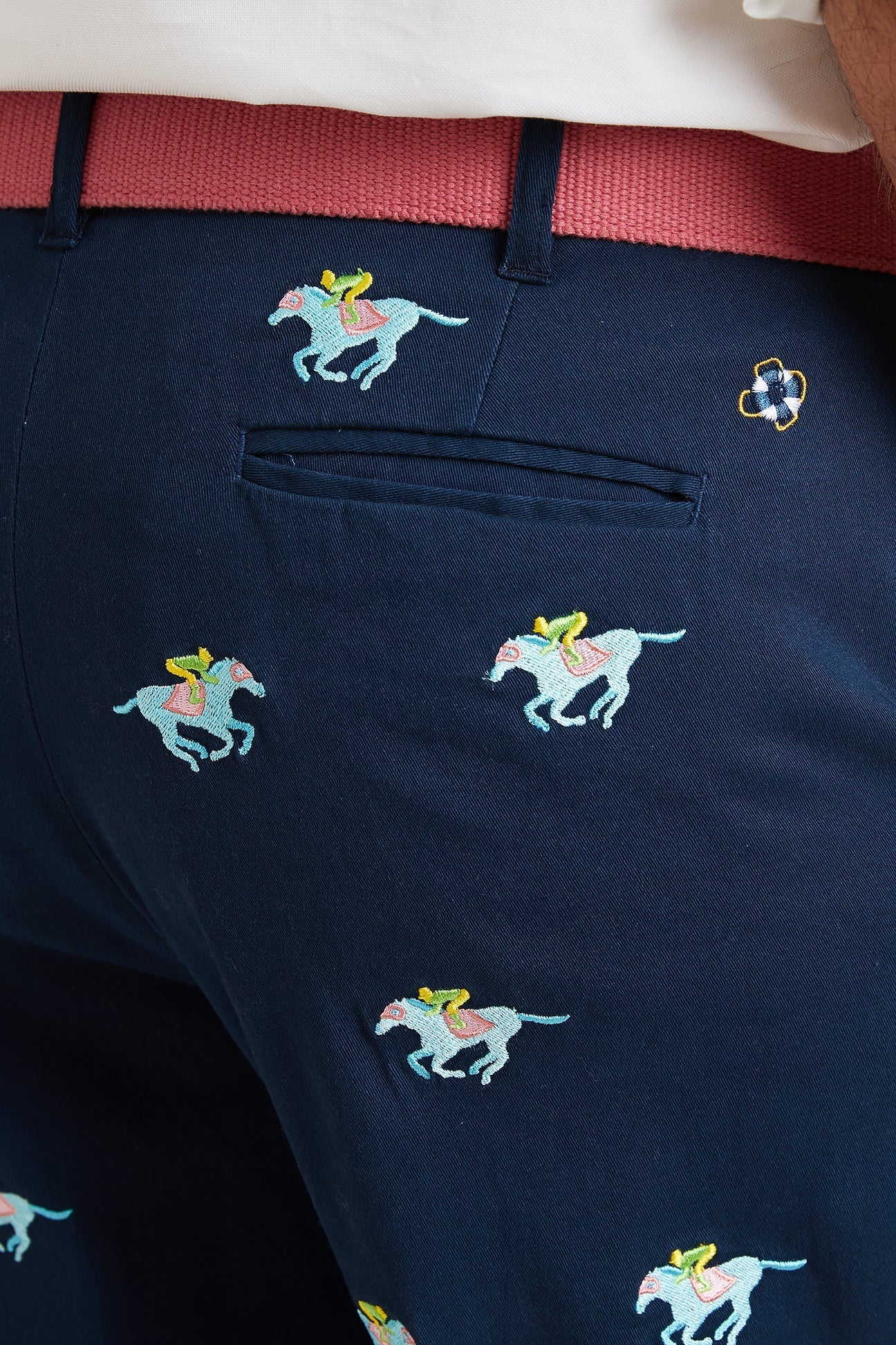 Stretch Twill Harbor Pant in Nantucket Navy with Pastel Racing Horses - Comfortable Casual Pants for Women, Perfect for Work, Travel & Everyday Wear