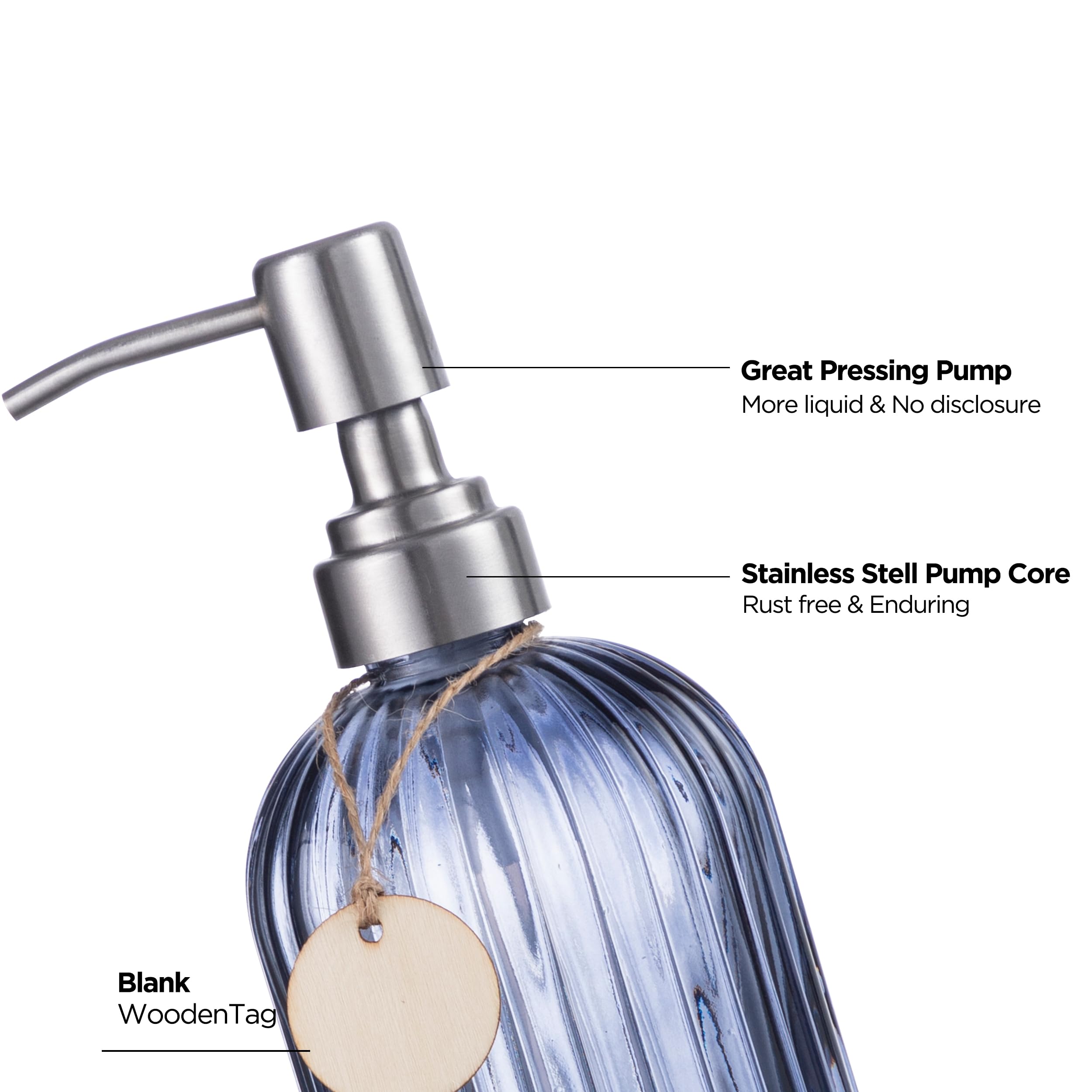 16 Oz Glass Soap Dispenser with 304 Stainless Steel Pump - Refillable Liquid Hand Soap Dispenser for Kitchen, Bathroom, Farmhouse Decor - Elegant Blue Grey Vertical Grain Design - Perfect for Home, Office, and Restaurant Use