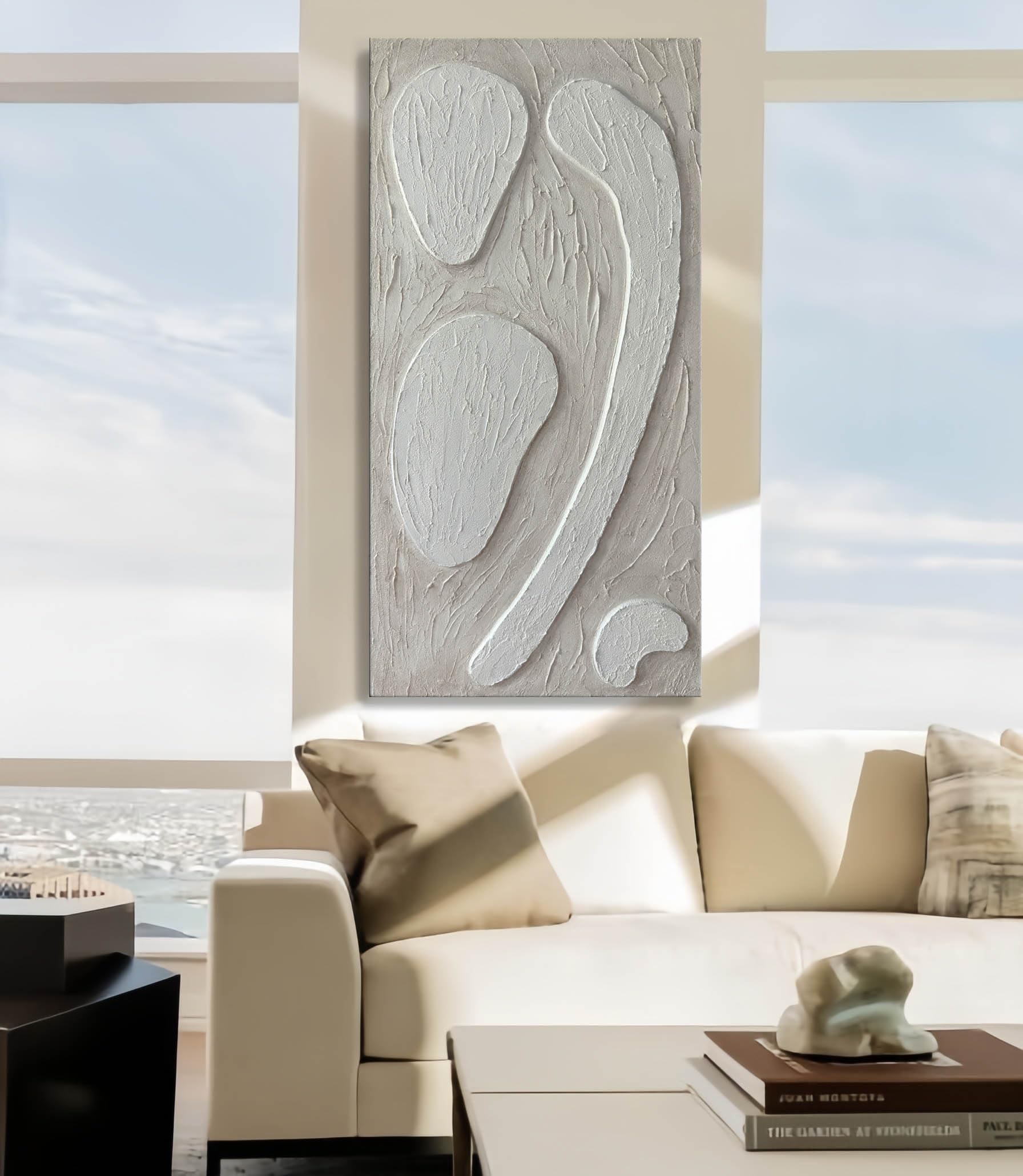 24x48 White Abstract Textured Canvas Wall Art - Hand Painted Contemporary Plaster Decor for Living Room, Bedroom & Office - Minimalist Vertical Modern Home Decor