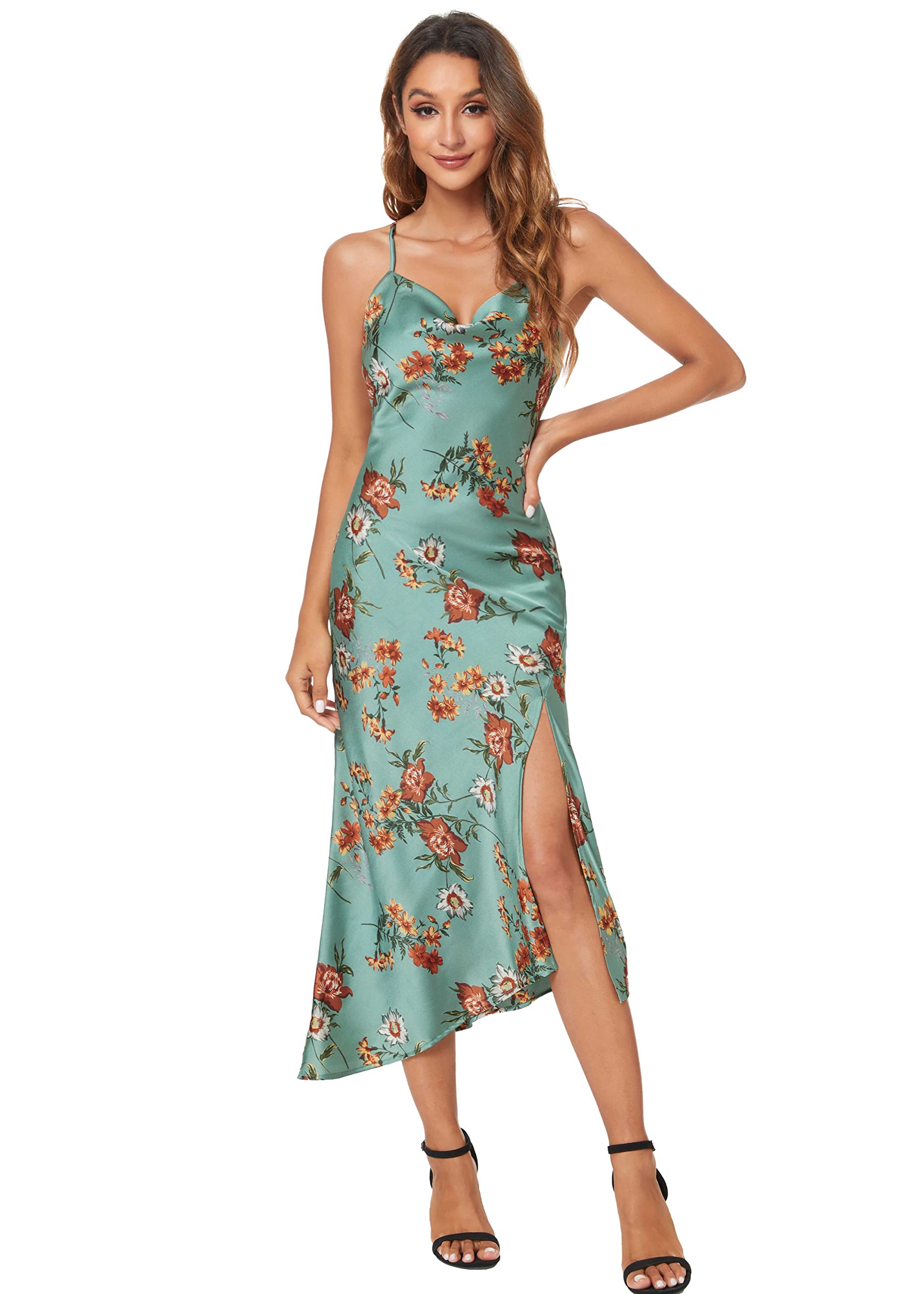 JLCNCUE Women's Cowl Neck Satin Maxi Dress - Backless Spaghetti Straps & Side Slit for Wedding Guest & Cocktail Party | Elegant Evening Gown for Formal Events & Special Occasions