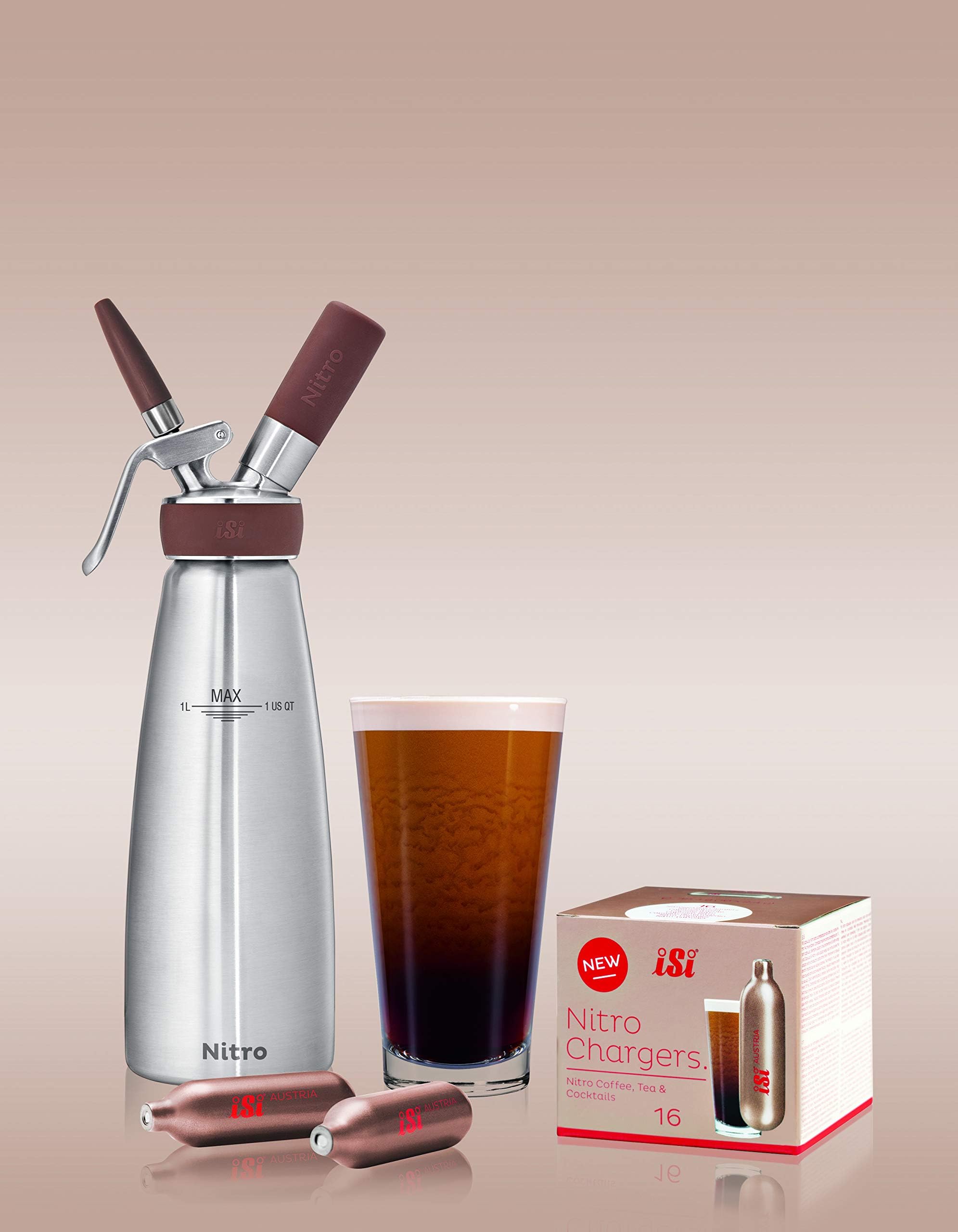 iSi 1 Quart Nitro Whip Cream Charger Dispenser - Case of 16 (Stainless Steel, Dishwasher Safe) - Perfect for Nitro Cold Brew Coffee, Cocktails & Desserts - Home Bar, Coffee Shop & Restaurant Use