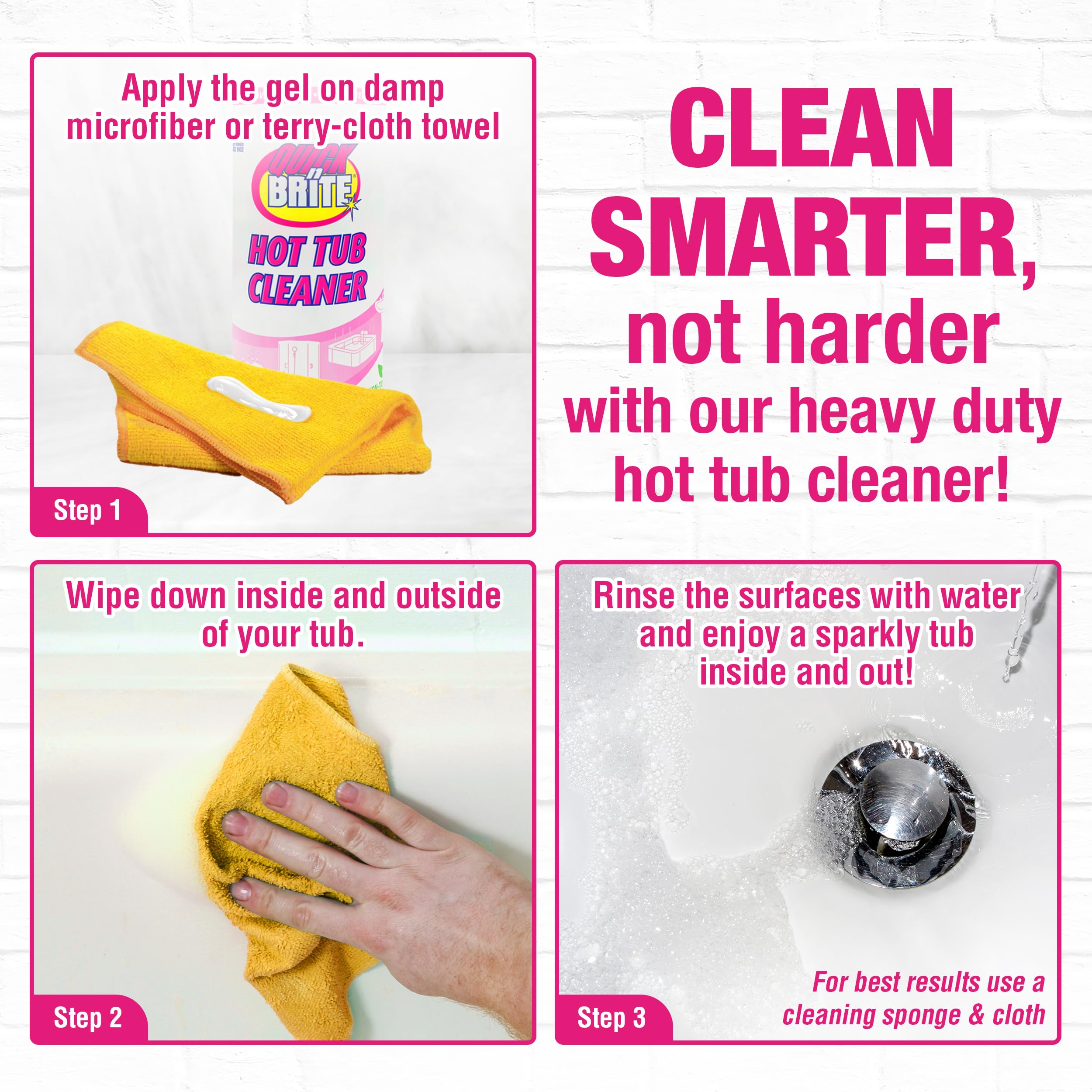 Quick N Brite Heavy Duty Hot Tub Cleaner Kit - Non-Abrasive Cleaning Gel with Sponge & Microfiber Cloth, 16oz | Removes Stains, Scum & Buildup | Safe for All Hot Tub Surfaces | Perfect for Jacuzzis, Spas & Whirlpools (Packaging May Vary)
