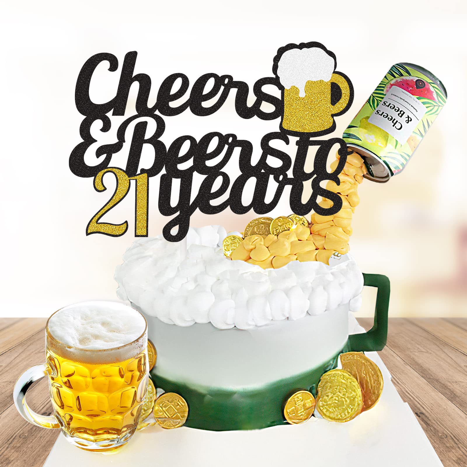 Happy 21st Birthday Cake Topper - Black & Gold Glitter Double Sided Decor for 21st Anniversary Party Supplies | Perfect for Milestone Celebrations, Birthday Cakes & Special Occasions