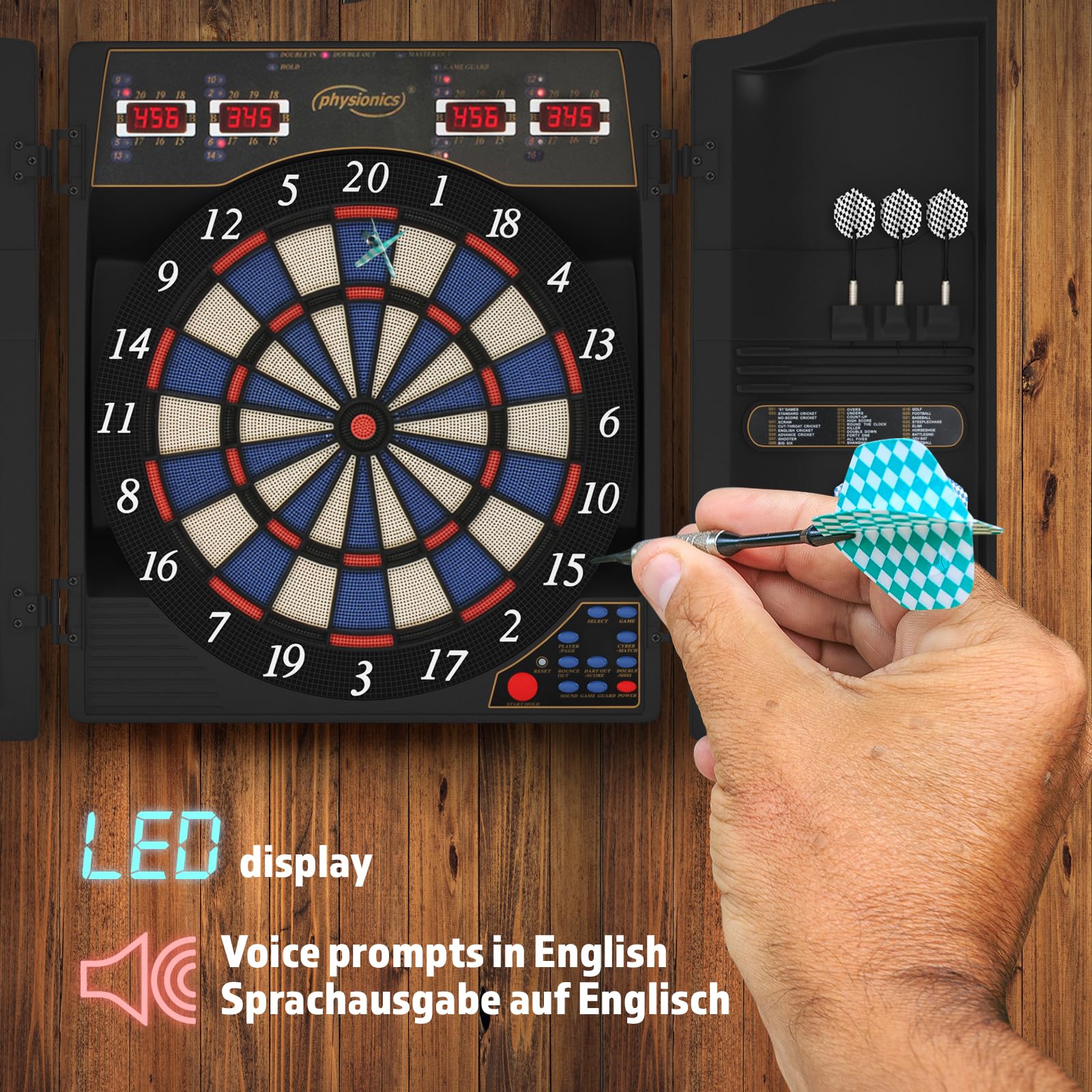Physionics® Electronic Darts Set with LED Display - 12 Steel Tip Darts, 27/28 Games & 100+ Variations for 16 Players | 3 Models Available - Perfect for Home, Bar & Party Games