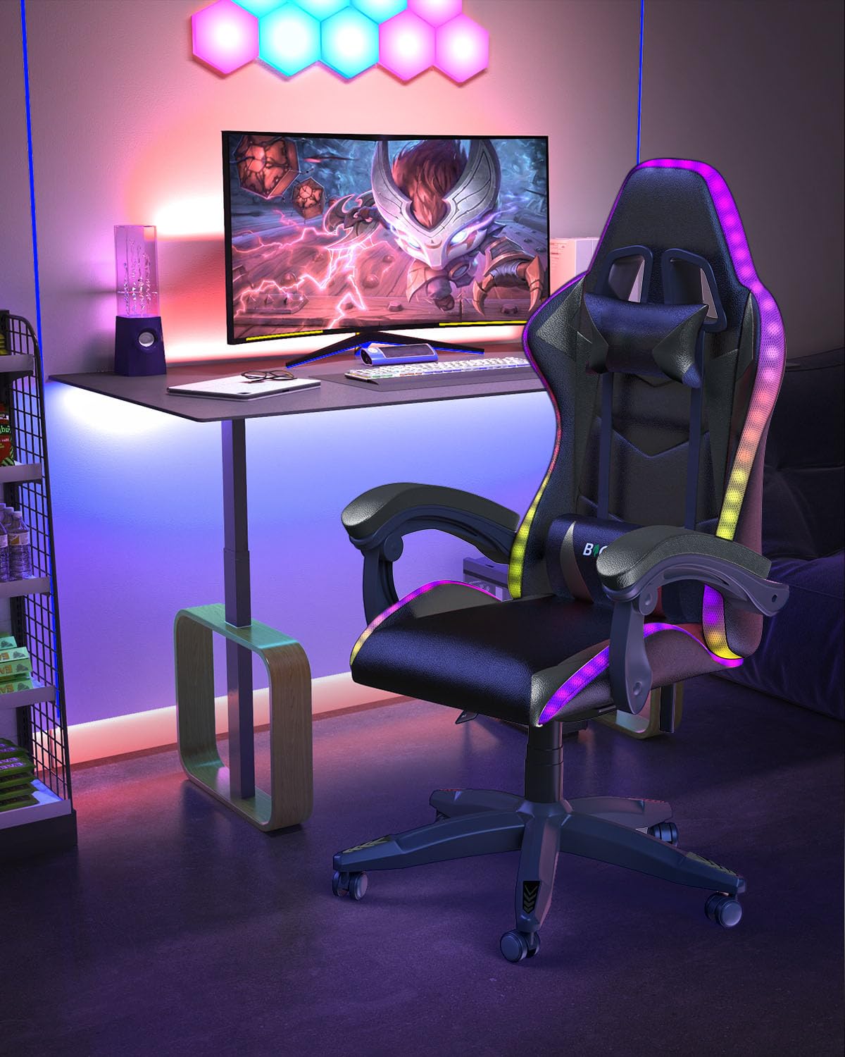 Premium Ergonomic Gaming Chair with RGB LED Lights - Adjustable Headrest & Lumbar Support - Racing Style Recliner with Swivel Seat & Height Adjustment - Perfect for PC Gaming, Esports & Home Office (Black)