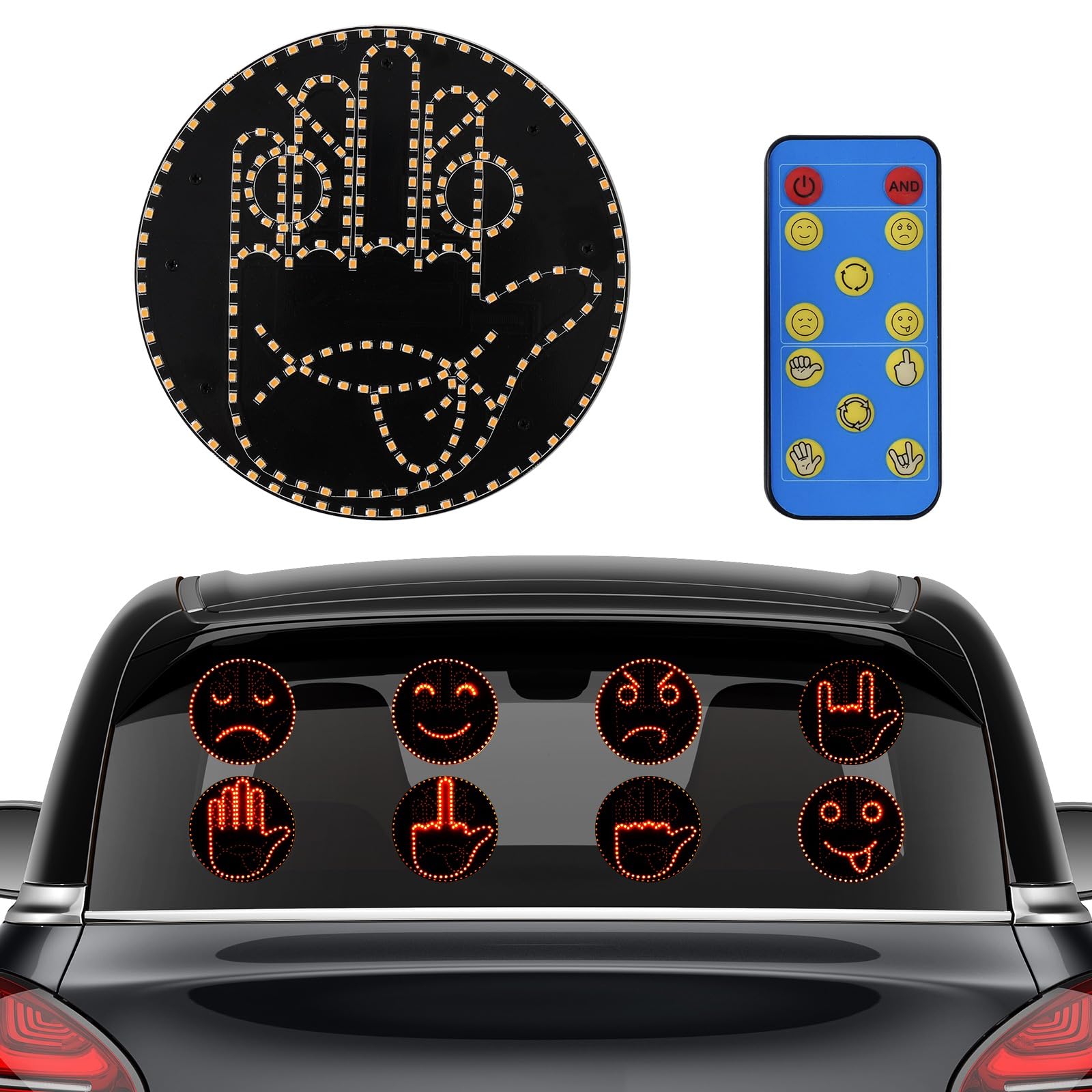 4 Emojis & 4 Gestures LED Car Light with Remote Control - Funny Middle Finger Road Rage Sign - Cool Car Accessories Gift for Men & Women - Perfect for Commuting, Prank Jokes & Expressing Moods on Road