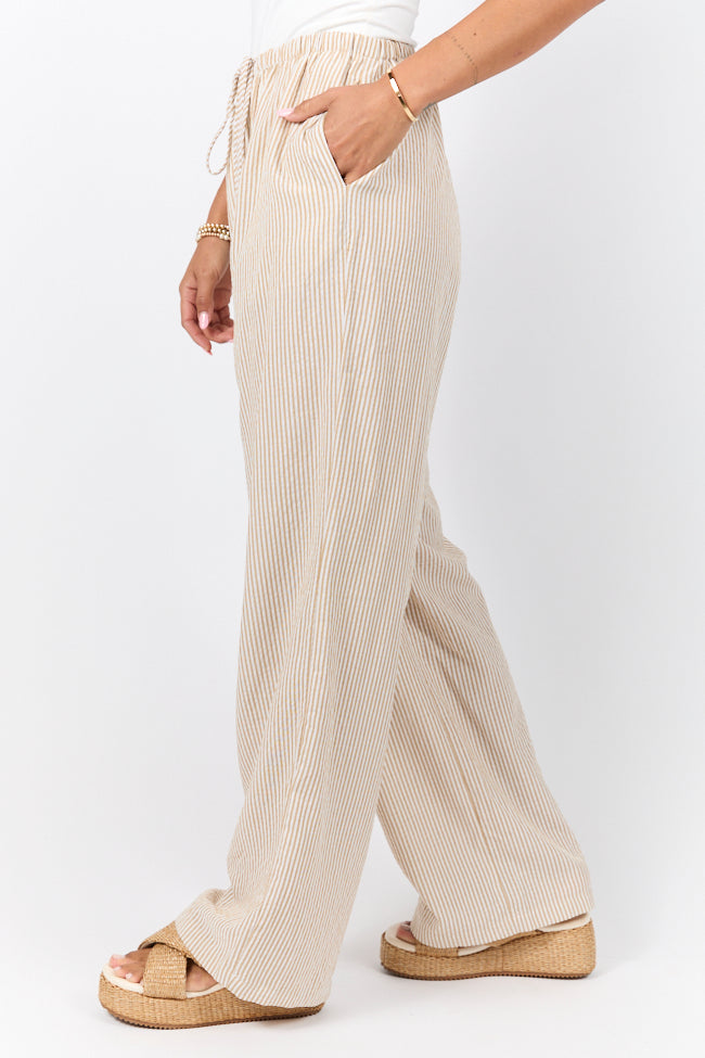 Bright Mornings Taupe and Ivory Striped Pull-On Pants for Women - Comfortable Elastic Waist Lounge Pants - Perfect for Yoga, Home Wear & Relaxation