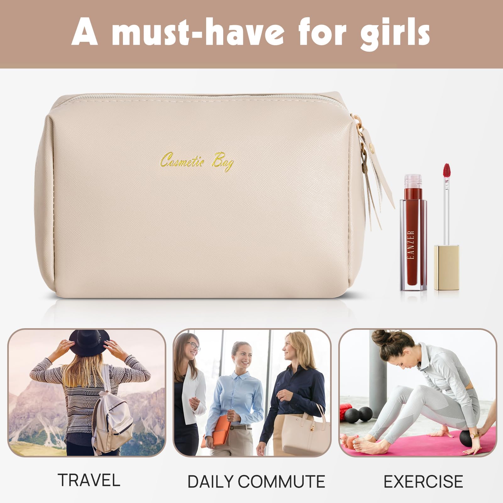 Topwey Waterproof Makeup Bag for Women - Travel Cosmetic Organizer with Divider, Portable Toiletry Pouch for Daily Use & Vacation (Khaki, Small) - Perfect for Gym, Work, Weekend Getaways & Air Travel