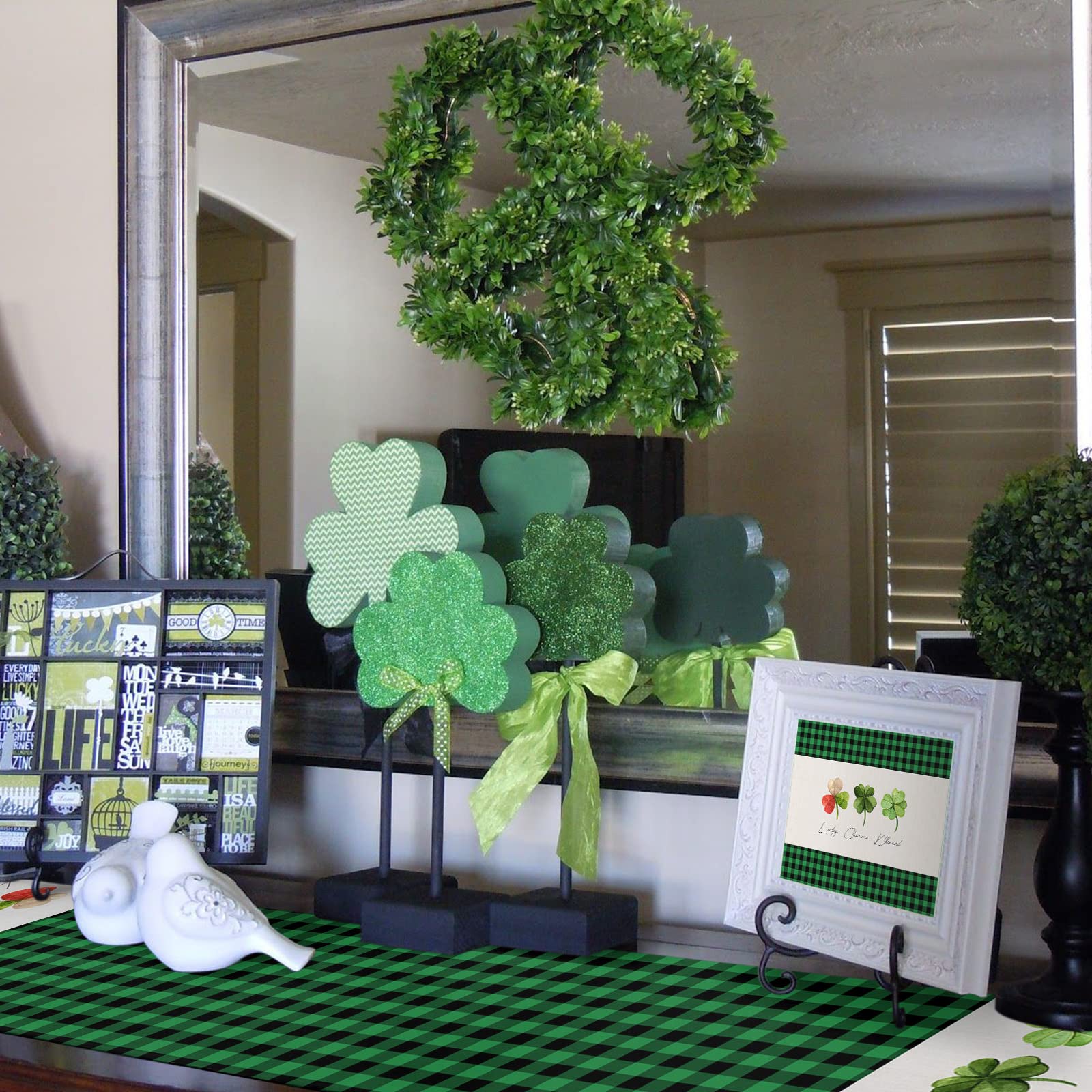 Irish Clover Table Runner 13x90 Inches - Washable St. Patrick's Day Green Lattice Table Cover for Round, Kitchen, Coffee & Dining Tables - Perfect for Home Decor, Parties & Holiday Celebrations