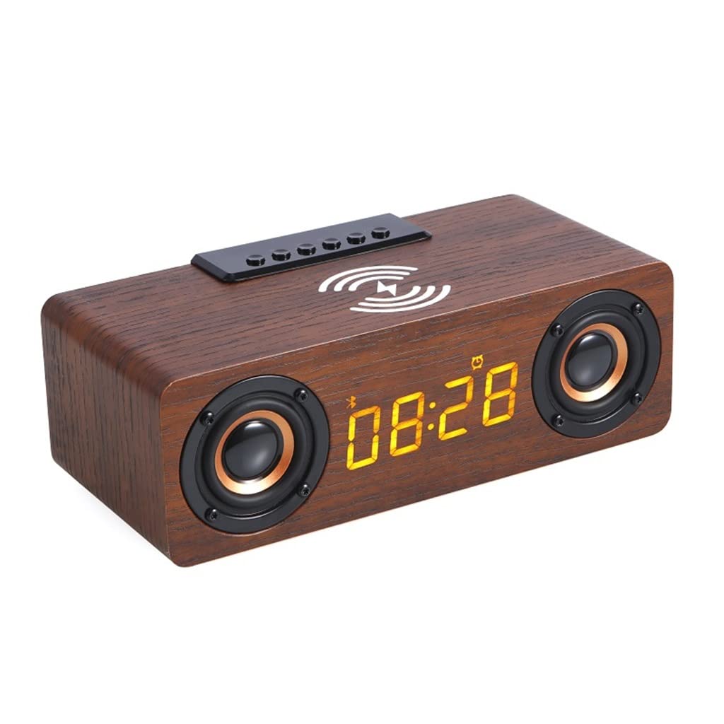 Premium Wooden Digital Alarm Clock with 10W Fast Wireless Charger & Bluetooth Sound Bar - Sleep Timer, Bedside Speaker for Home, Office, and Nightstand (Brown) - Perfect for Bedroom, Living Room, and Gift Giving