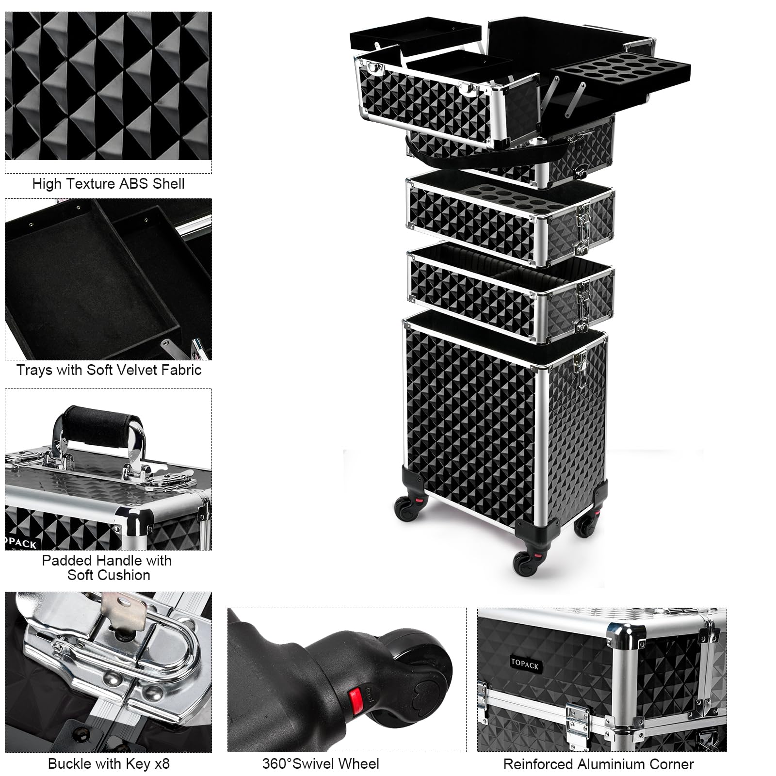 Professional 5-in-1 Rolling Makeup Train Case with Key & Shoulder Strap - Large Cosmetic Organizer for Travel | Portable Cosmetology Case on Wheels with Handle Cushion | Perfect for Makeup Artists, Salon Professionals & Beauty Enthusiasts
