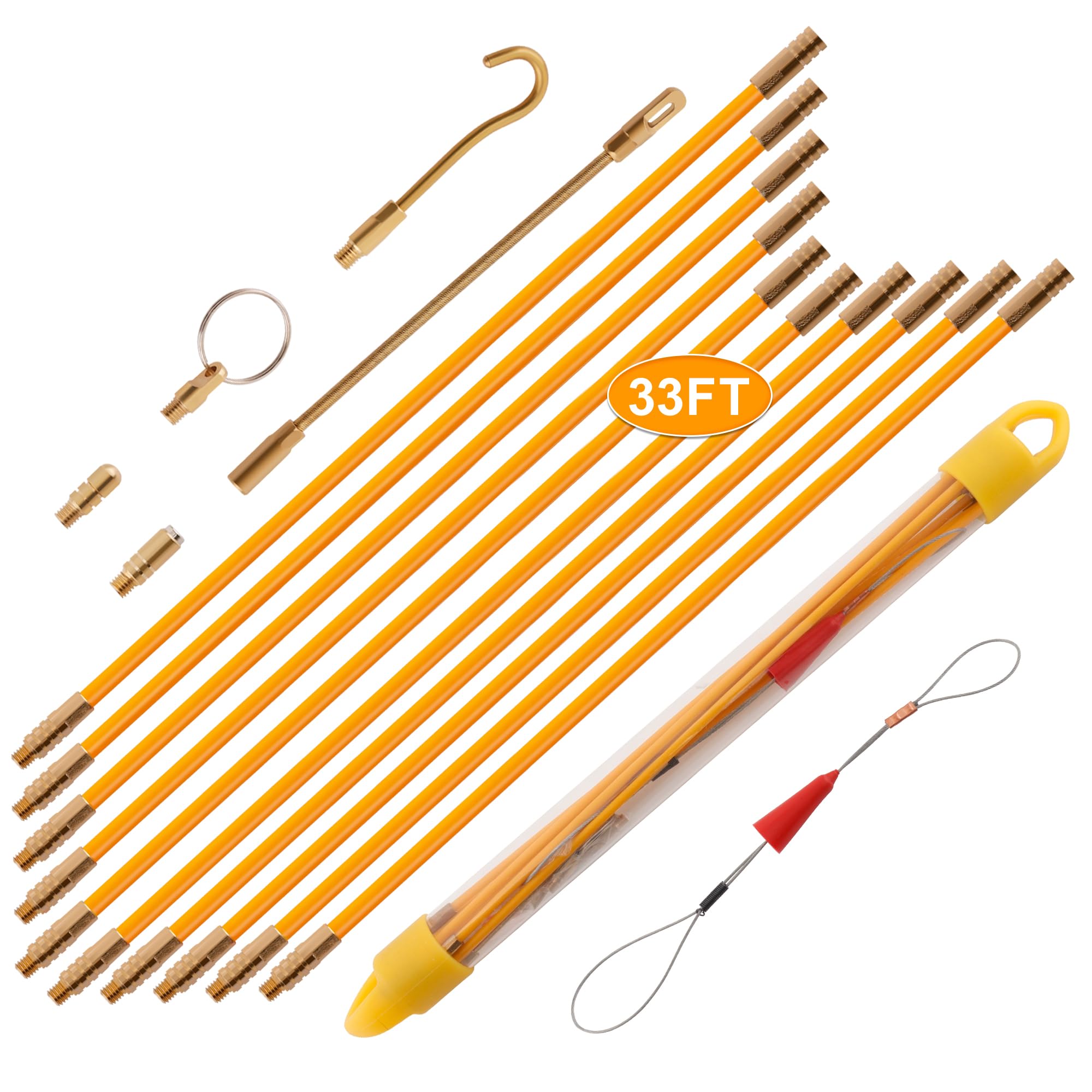 33FT Fiberglass Fish Tape Wire Puller Kit - Glow Rods, Cable Snake & Attachments for Running Electrical Wires Through Walls - Ideal for Electricians, DIY Home Wiring & Conduit Installation Projects