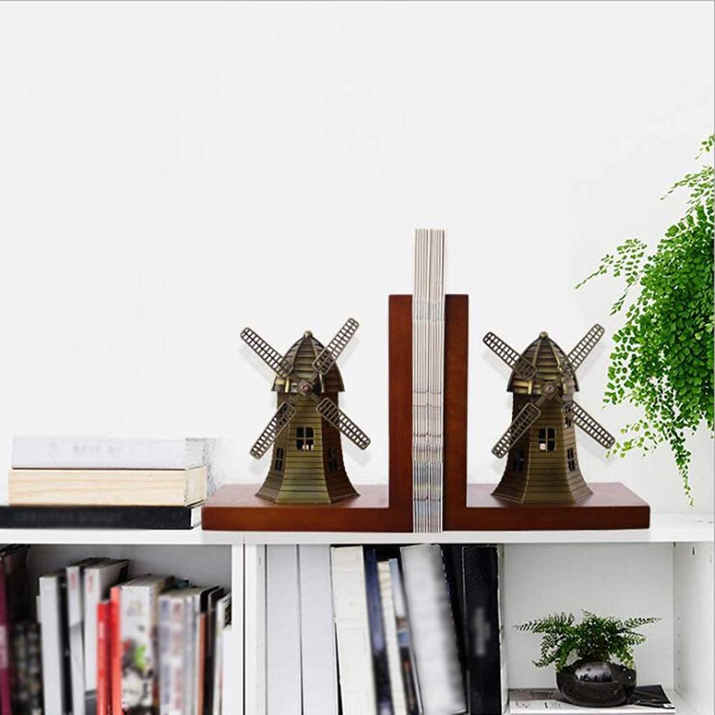 Stylish Wooden Bookends for Study & Office - Adjustable Non-Slip Book Holders, Windmill Design Desktop Decor (Brown, 14x10x17cm, Set of 2) - Perfect for Bookshelves, Home Decor & Workspace Organization