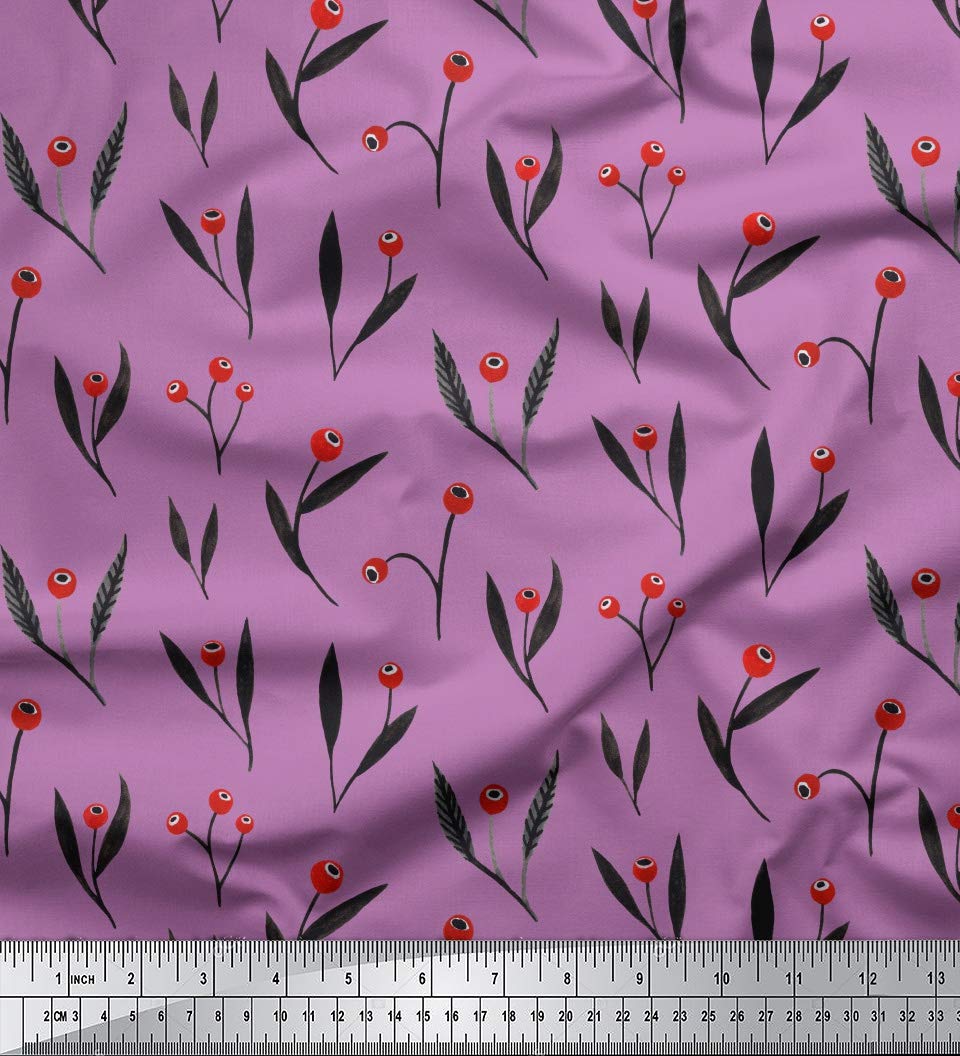 Soimoi Moss Georgette Purple Fabric by The Yard - 42 Inch Wide Printed Fabric with Red Berries & Leaves Design - Festive Timeless Patterns for Seasonal Decor, DIY Crafts, Dressmaking & Home Decoration