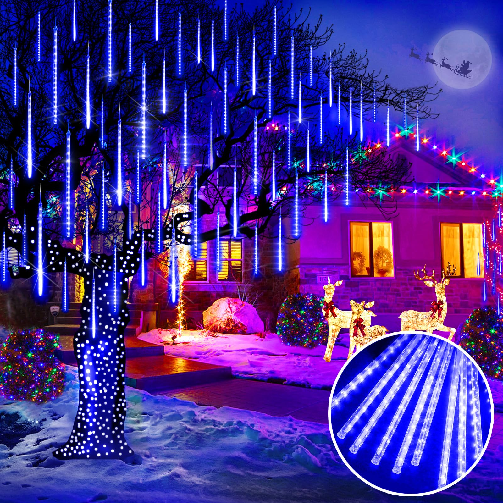 KONEW 15 Inch Meteor Shower Lights - 24 Tubes 672 LED Christmas String Lights, Waterproof Plug-in Outdoor Falling Rain Lights for Wedding, Party, Garden, Holiday Tree Decorations (Blue) | Perfect for Outdoor Christmas Decor, Backyard Lighting, and Holiday Party Atmosphere