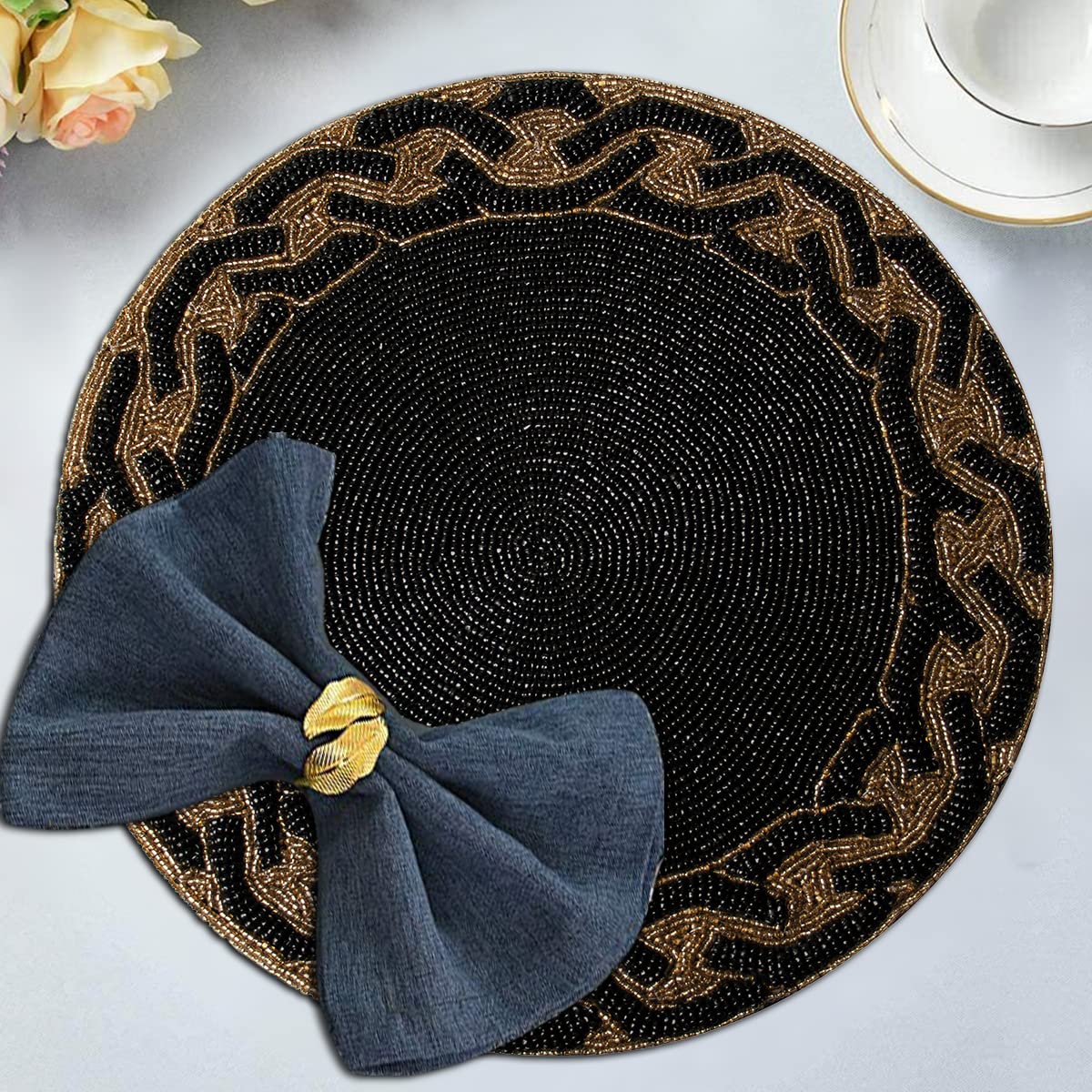 Decozen 14-Inch Round Beaded Placemats Set of 2 - Heat Resistant Charger Plates for Dining Table Decor, Valentine's Day, Weddings, Kitchen & Office - Black Gold Home Decor for Elegant Dinner Parties & Holiday Gatherings