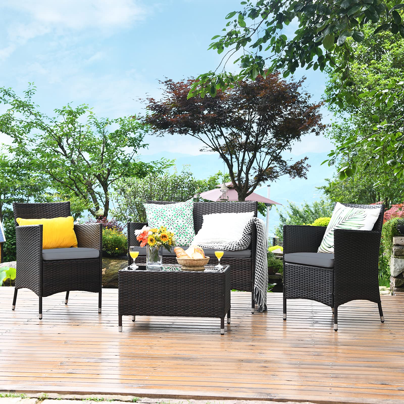Tangkula 4-Piece Patio Rattan Conversation Set with Tempered Glass Coffee Table & Thick Cushions - Outdoor Wicker Furniture for Garden, Lawn, Poolside & Backyard (Gray) - Perfect for Relaxing, Entertaining & Outdoor Dining