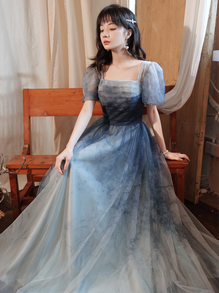 Gradient Blue A-Line Prom Dress with Short Sleeves - Elegant Formal Party Gown for Homecoming, Wedding Guest & Special Occasions
