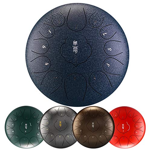 12 Inch 13 Tone Steel Handpan Drum with Padded Bag & Mallets - Perfect for Yoga, Meditation, Music Therapy and Relaxation | Navy Blue Huedrum