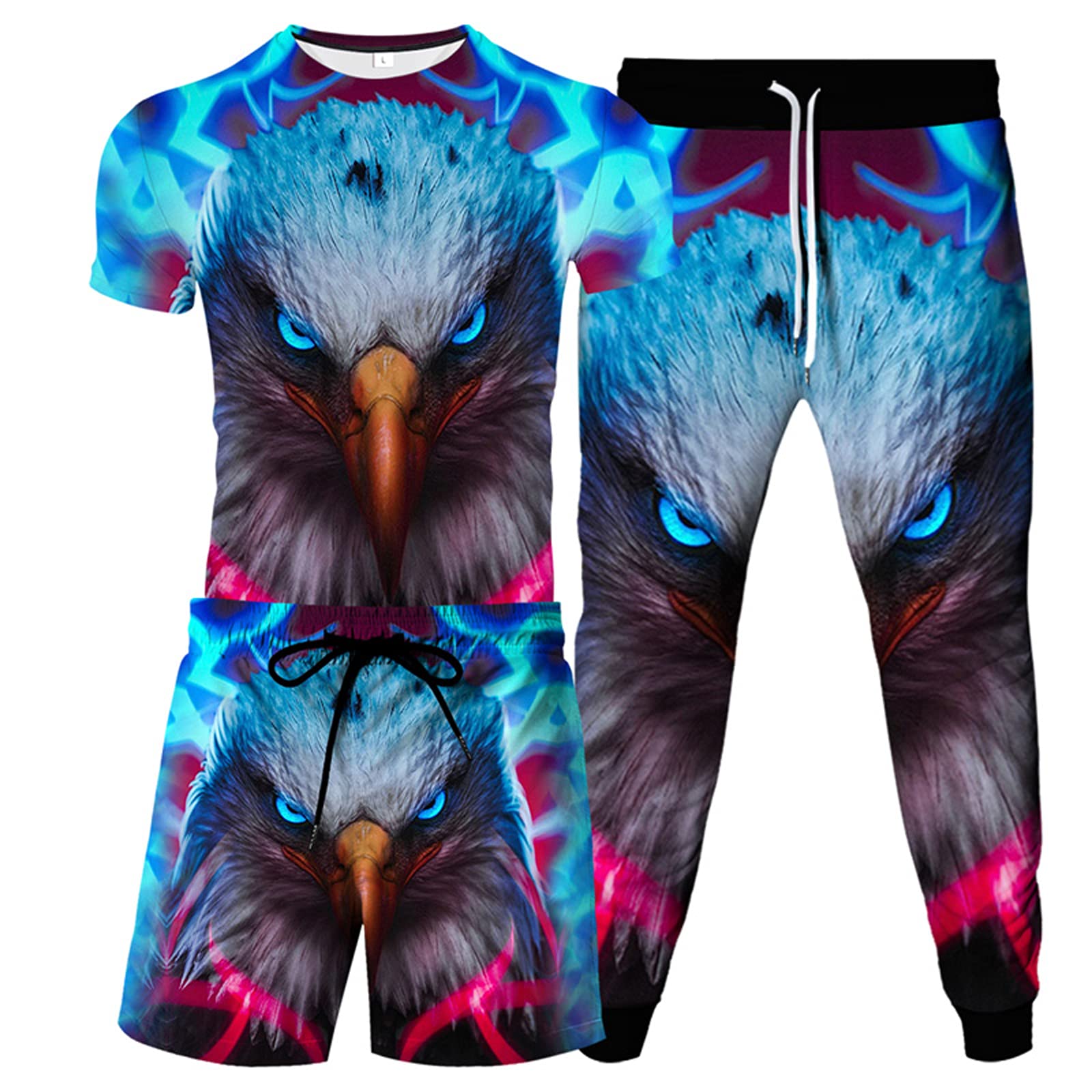 URVIP Men's 3-Piece Animal Print T-Shirt, Shorts & Sweatpants Set - Casual Tracksuit Outfit for Gym, Lounge & Streetwear