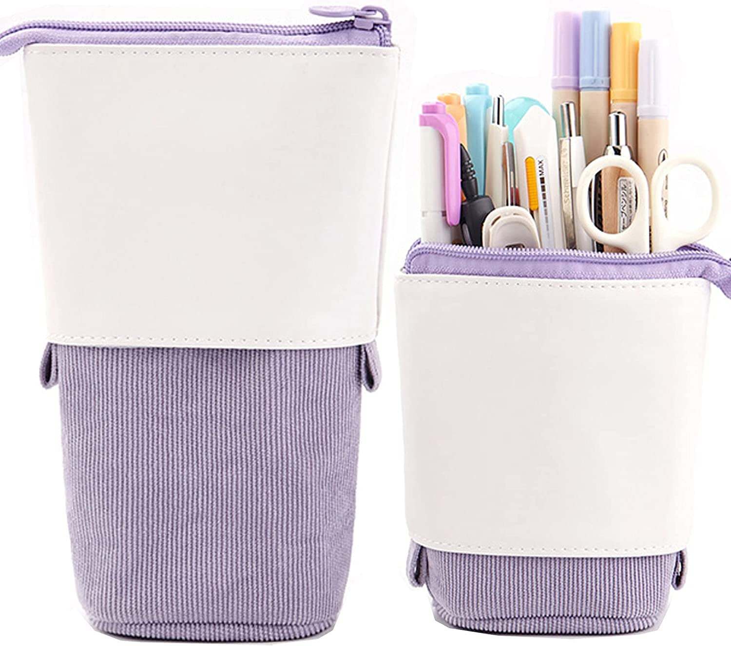 Telescopic Pen Pencil Holder - PU Corduroy Retractable Stationery Organizer with Stand-up Design, Colorful Makeup Bag & Cosmetic Pouch (Purple) - Perfect for School, Office & Travel Accessories Storage