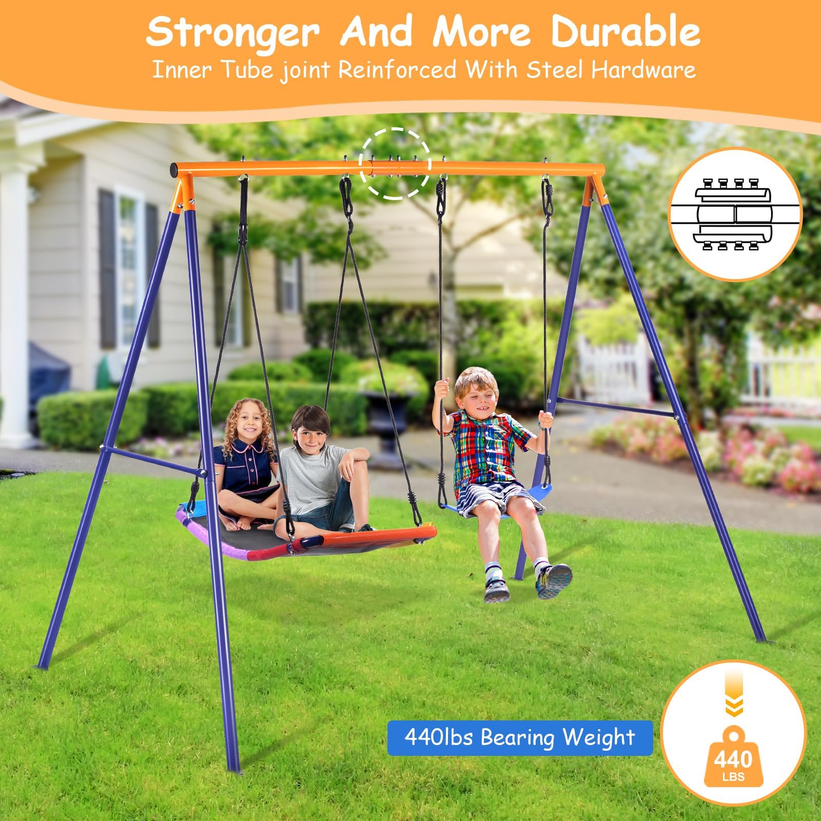 Durable 440lbs Heavy-Duty Metal A-Frame Swing Set for Backyard - Includes 1 Rectangle Platform Swing & 1 Kids Swing Seat - Perfect for Outdoor Play, Family Fun & Backyard Entertainment