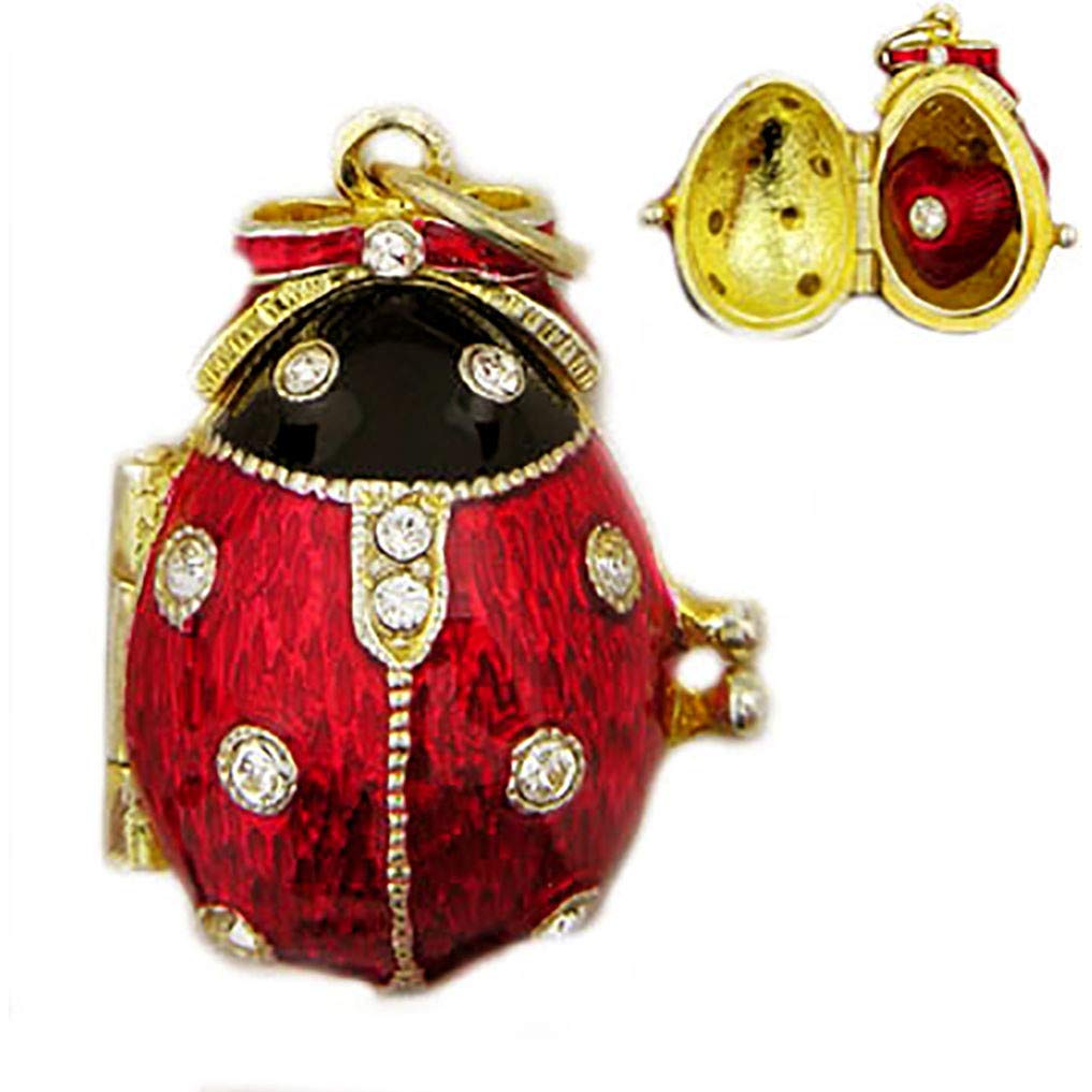 Enameled Faberge Style Egg Pendant - Red Ladybug with Heart & Swarovski Crystals | Elegant Jewelry Gift for Women | Perfect for Valentine's Day, Anniversary & Special Occasions