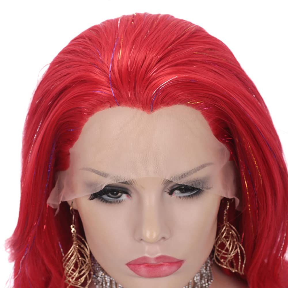 Red Tinsel Wigs for Women - Long Wavy Synthetic Lace Front Wig with Sparkle Hair | Perfect for Halloween, Cosplay & Party Costumes