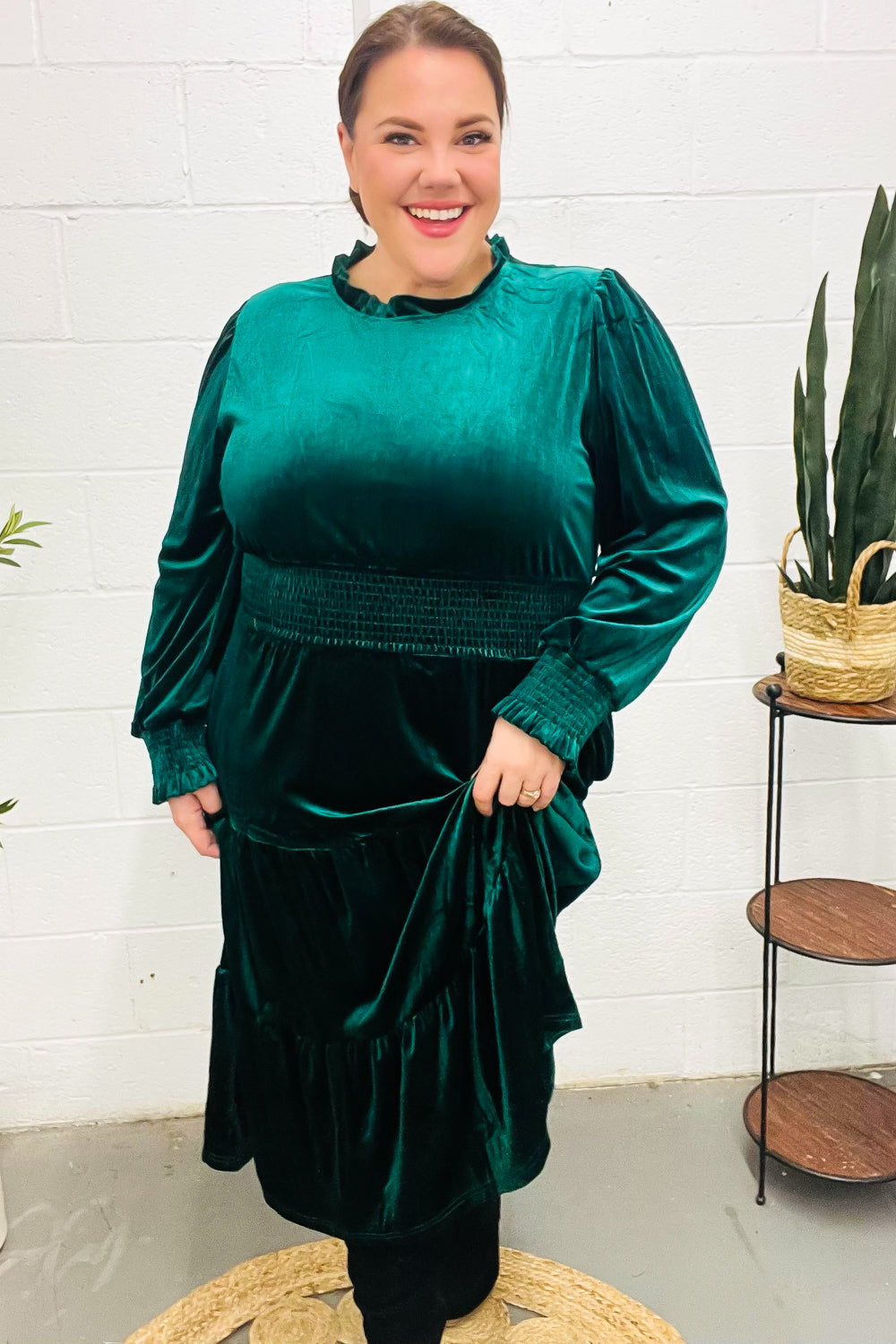 Holiday Dreaming Hunter Green Velvet Mock Neck Smocked Waist Dress for Women - Elegant Holiday Party & Christmas Dinner Outfit