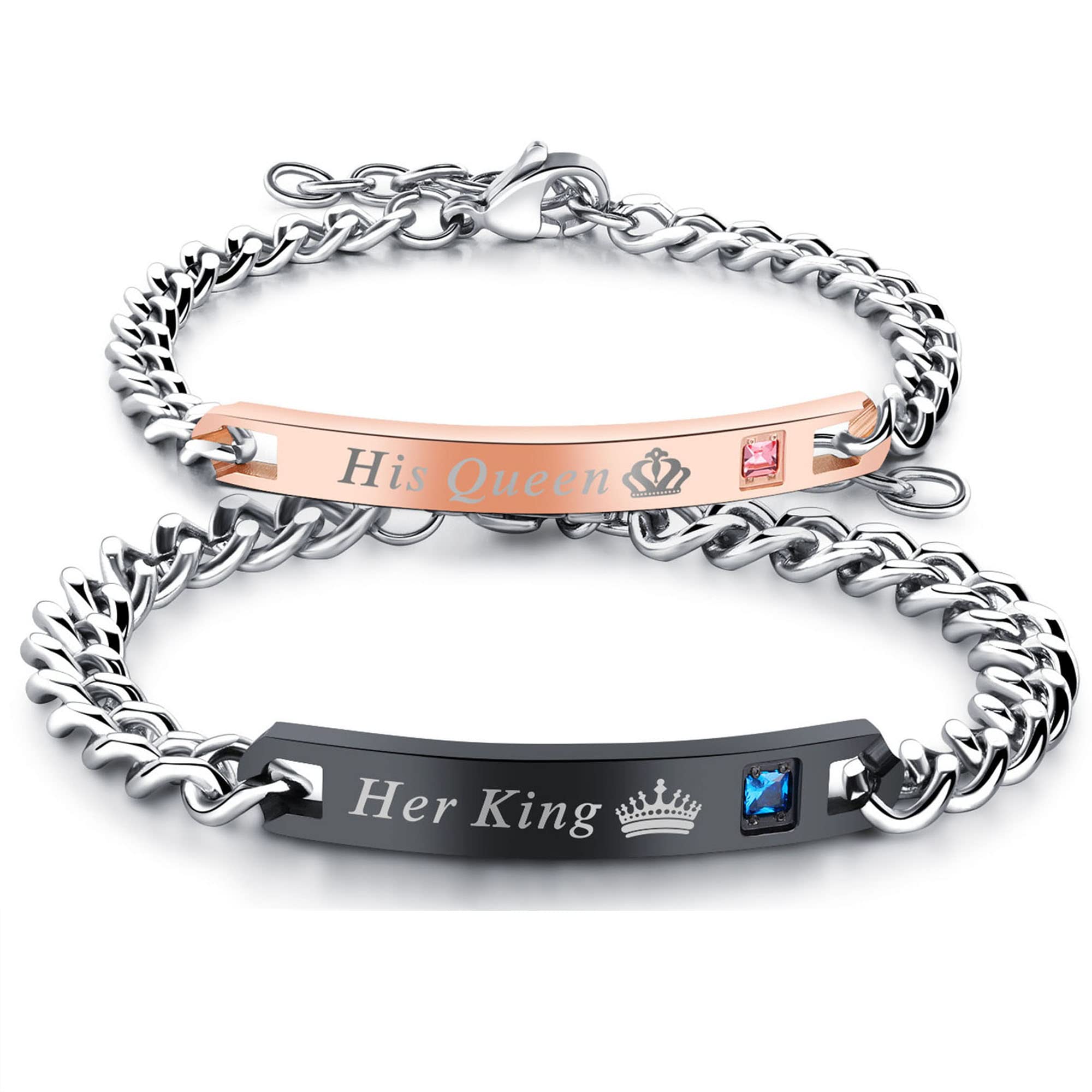 SANMN Stainless Steel Couple Bracelets Set - His & Hers Matching Bracelets for Couples, Queen & King Engraved Romantic Jewelry for Men & Women (Black) - Perfect for Anniversaries, Valentine's Day & Romantic Gifts