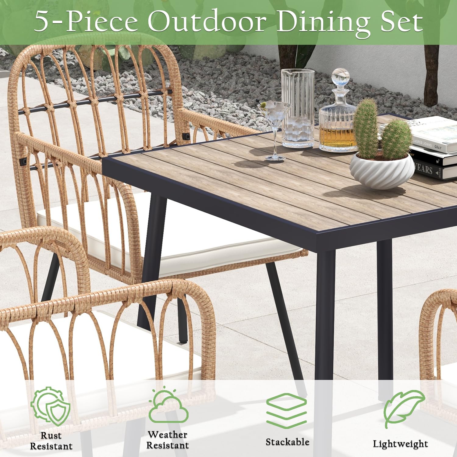 LYNSLIM 5-Piece Outdoor Dining Set - Rattan Patio Table & Chairs with Plastic-Wood Tabletop, 4 Wicker Chairs & Cushions - Perfect for Patio, Poolside, Balcony, Garden & Backyard Entertaining