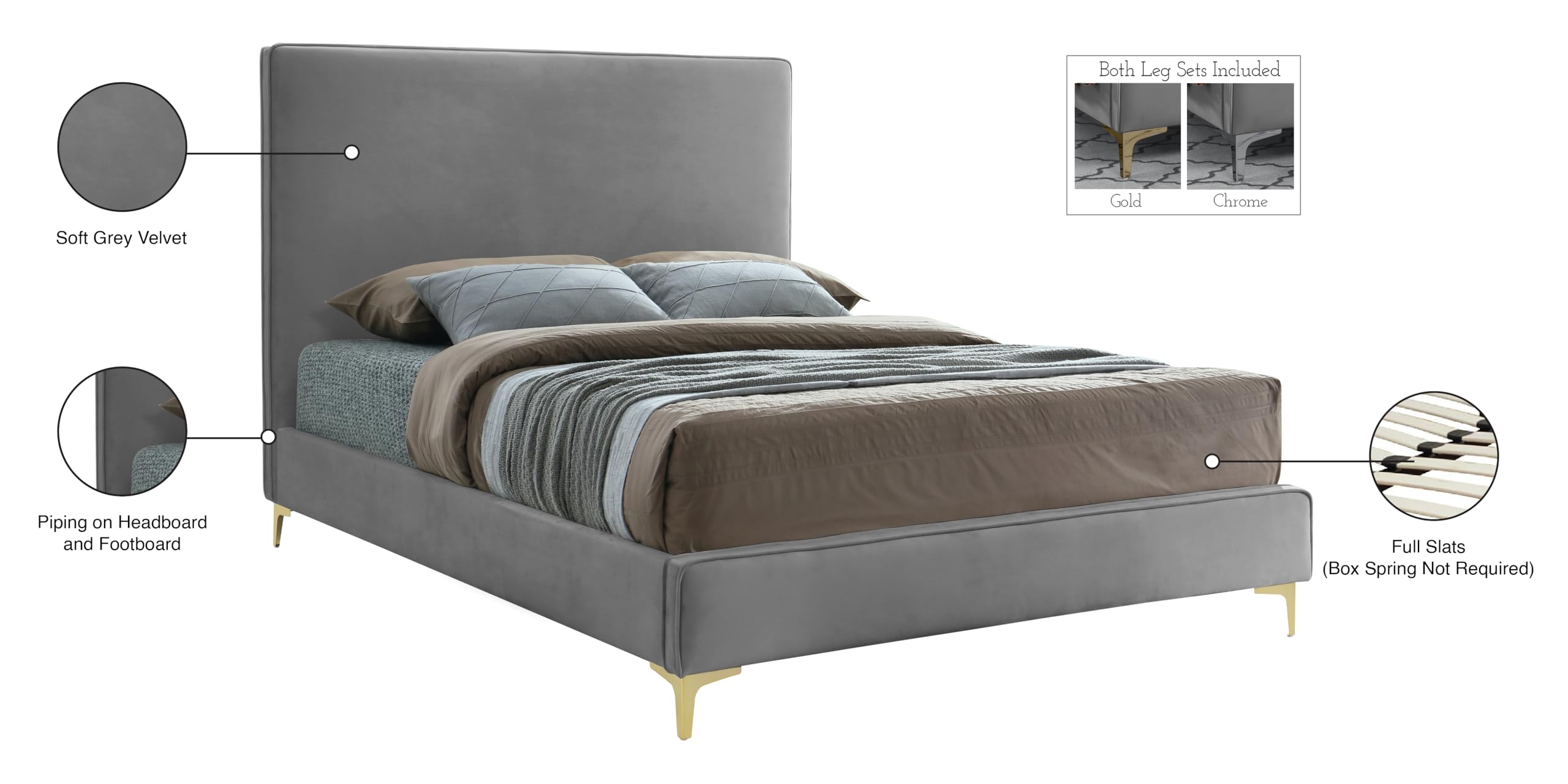 Modern Velvet Upholstered Bed with Gold/Chrome Finish - Full Size Grey Platform Bed with Tufted Headboard | Contemporary Bedroom Furniture for Master Bedroom, Guest Room & Apartment