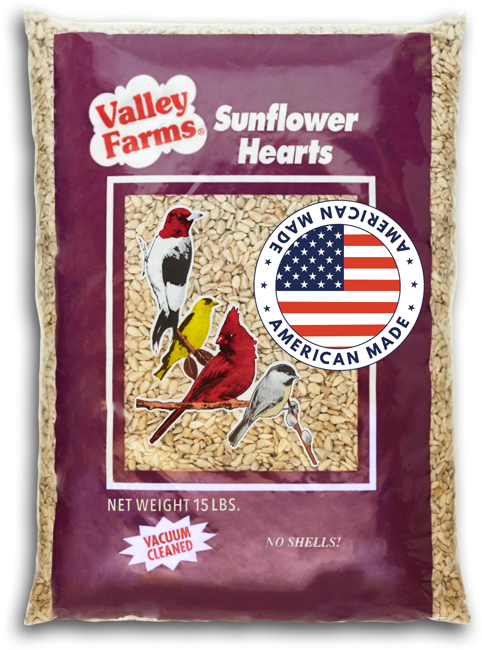Valley Farms Whole Sunflower Hearts for Wild Birds - 15 LB Bag | No Mess, Waste-Free Wild Bird Seed | Perfect for Outdoor Bird Feeders, Backyard Birdwatching & Wildlife Attraction