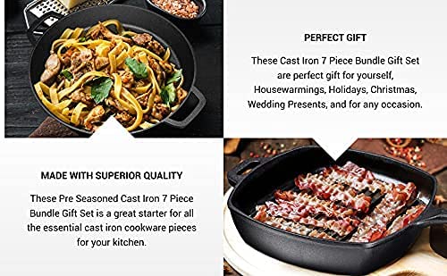 Premium 7-Piece Pre-Seasoned Cast Iron Cookware Set – Double Dutch Oven, Rectangular Grill Pan, Wok, Large Skillet, Square Grill Pan & Chainmail Scrubber – Perfect for Camping, Outdoor Cooking & Home Kitchen Use