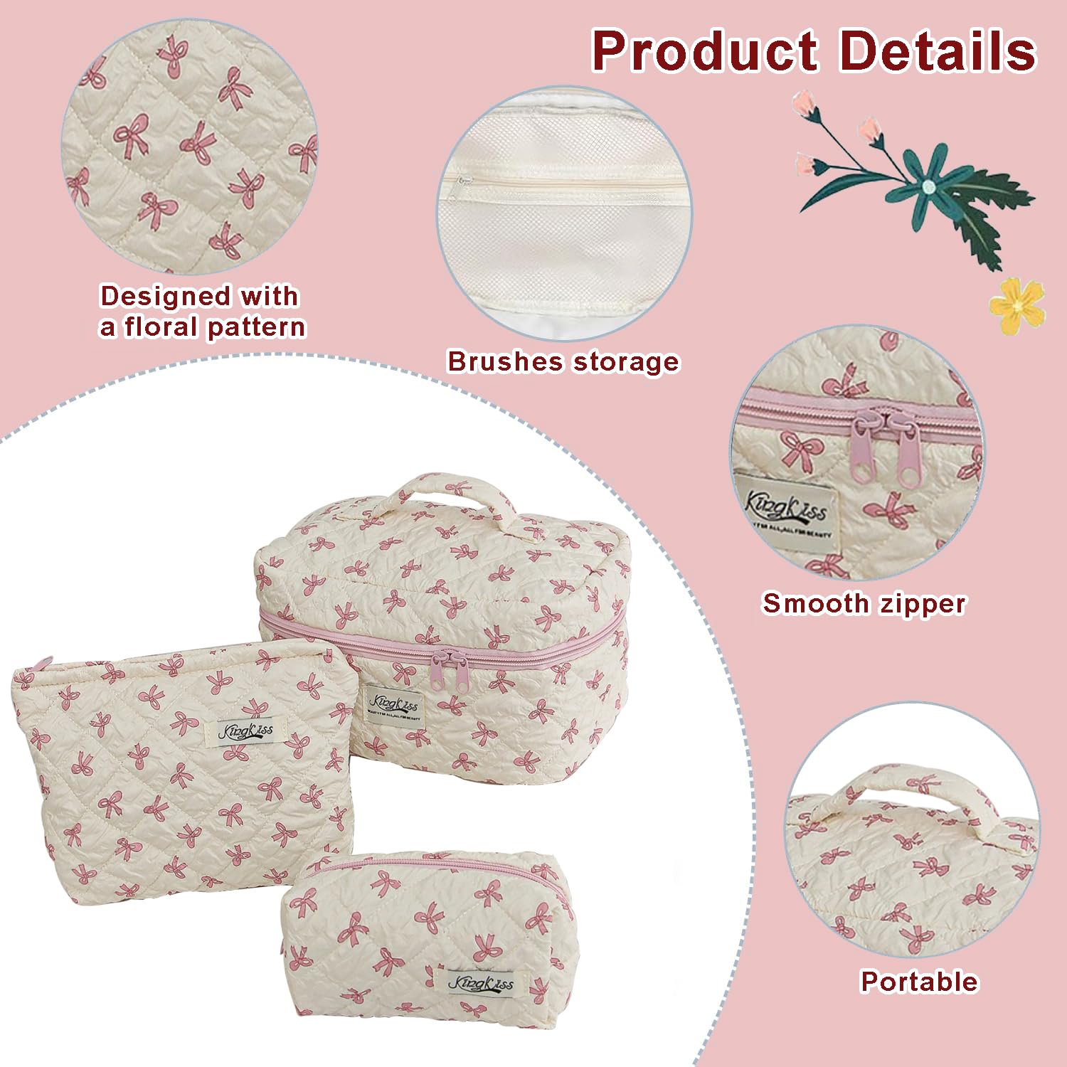 3 Pcs Cotton Floral Makeup Bag Set - Quilted Cosmetic Organizer with Bow for Women & Girls | Perfect for Travel, Gym, and Daily Beauty Storage