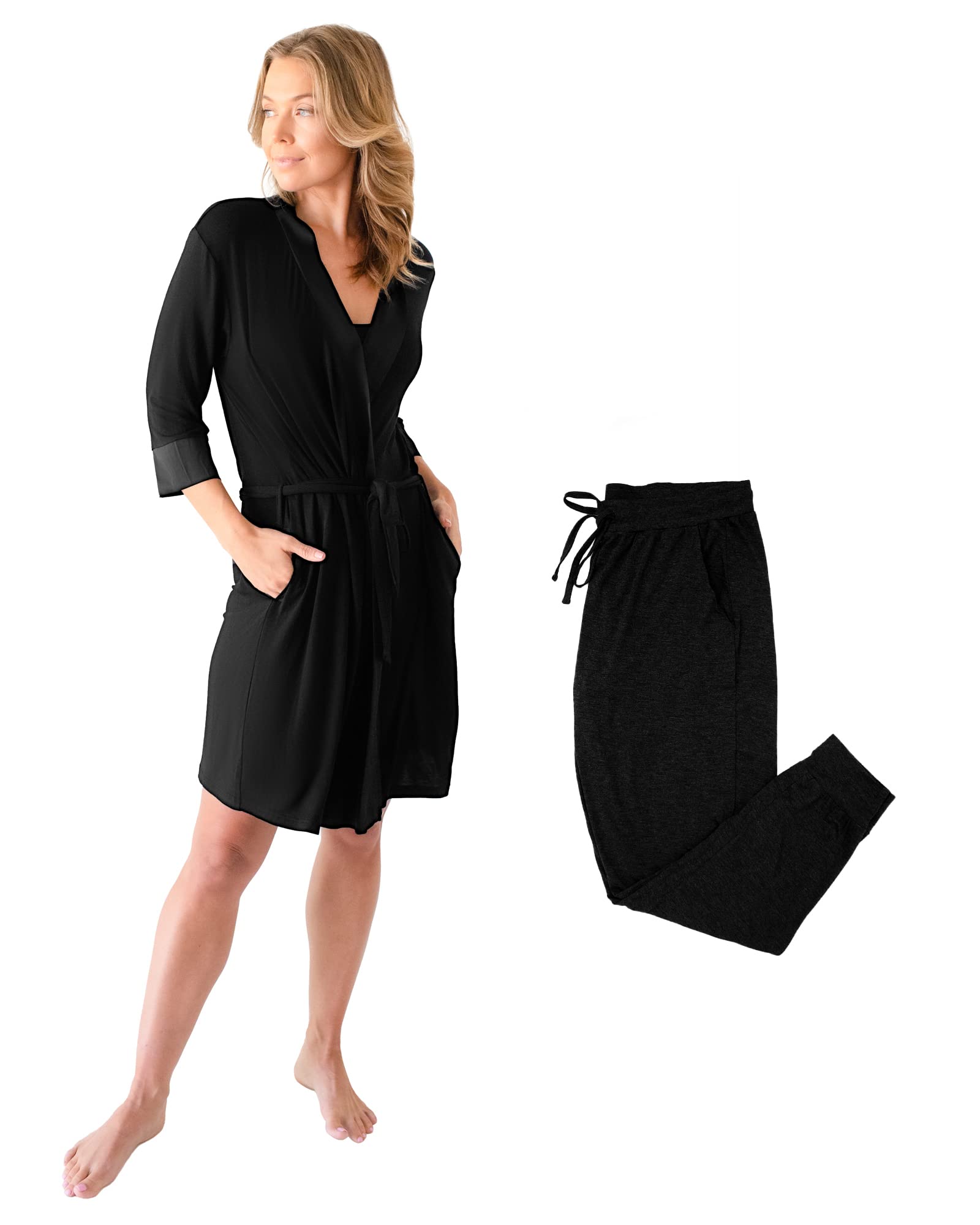 Kindred Bravely Everyday Maternity Joggers & Emmaline Maternity Nursing Robe Bundle - Black, Large/X-Large - Comfortable Pregnancy & Postpartum Lounge Wear for Relaxing at Home