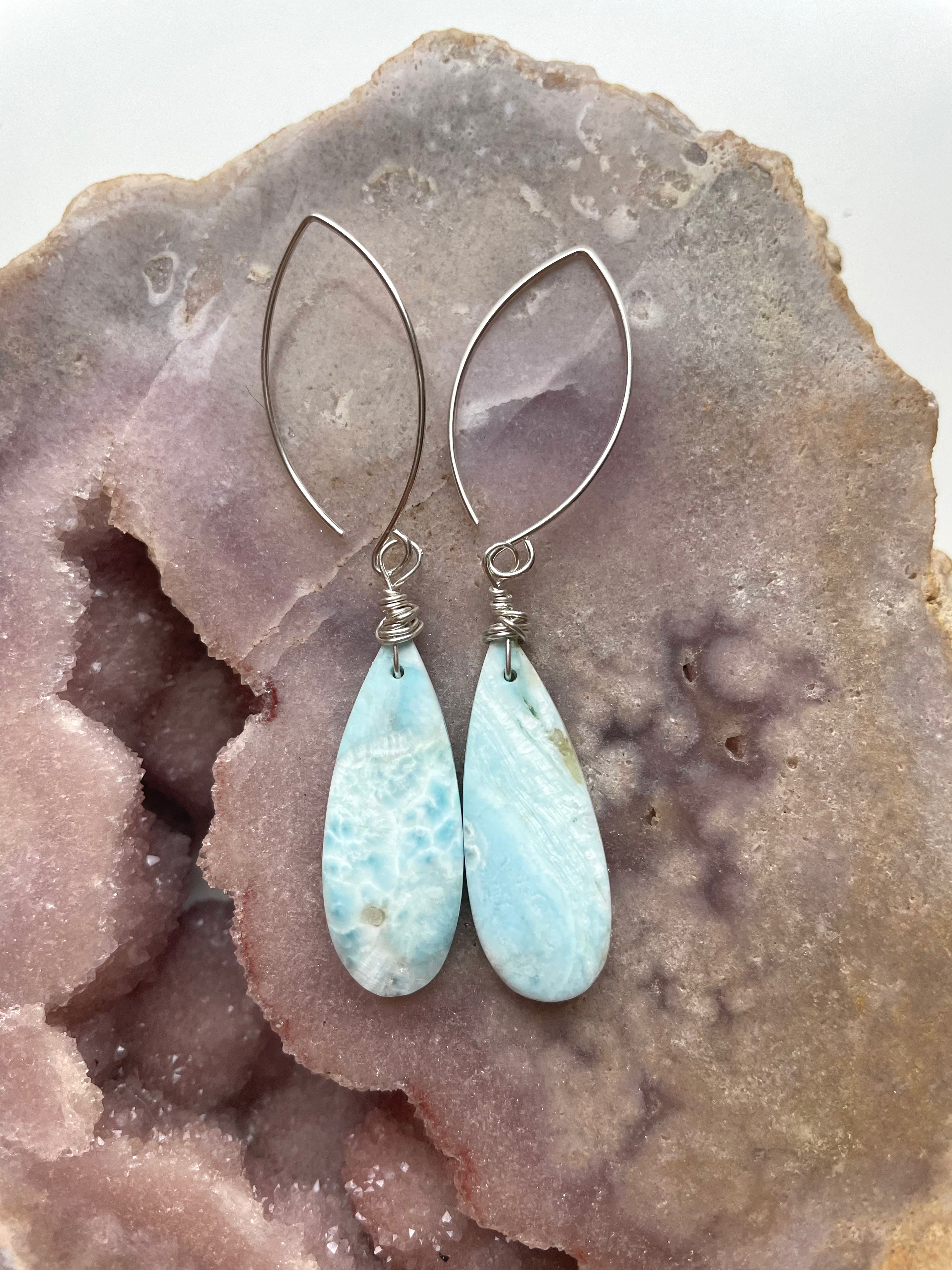 Long Larimar Earrings Dangle Sterling Silver – Handmade Blue Gemstone Jewelry for Women | Perfect for Weddings, Parties & Everyday Elegance