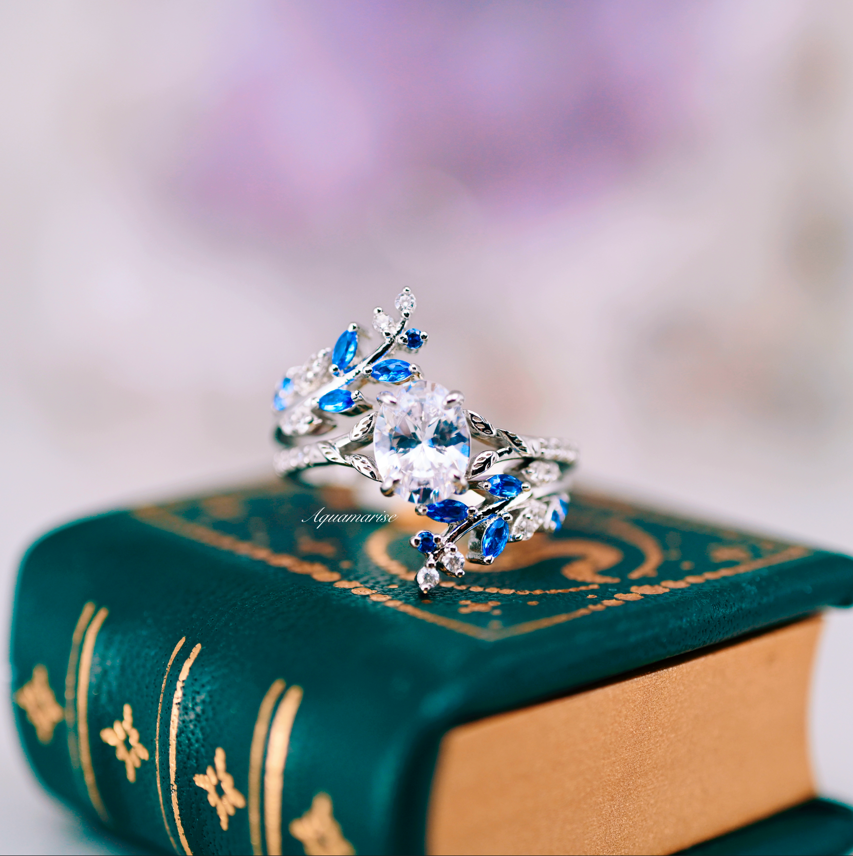 IGI Certified 14K White Gold Lab Grown Diamond & Sapphire Leaf Ring Set - Elegant Jewelry for Weddings, Anniversaries & Special Occasions
