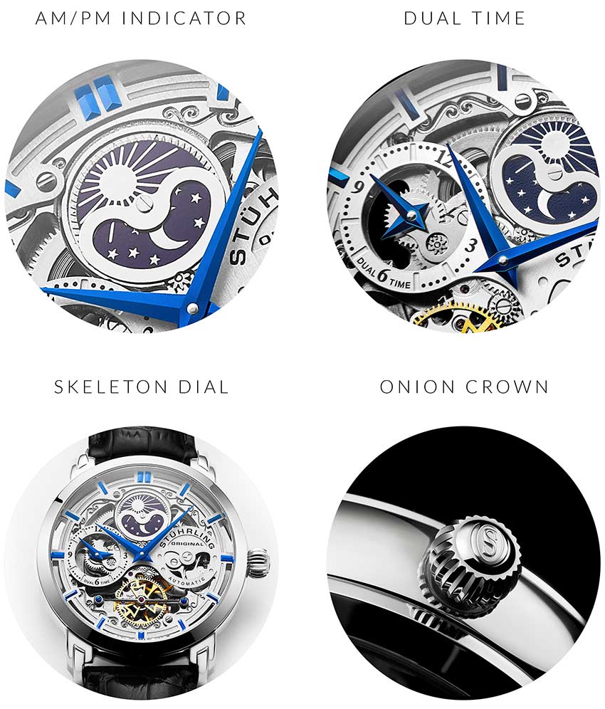 Anatol Dual Time 371 Automatic 46mm Skeleton Watch for Men - Luxury Stainless Steel Mechanical Timepiece with Exhibition Caseback - Perfect for Business, Formal Events & Gift Giving