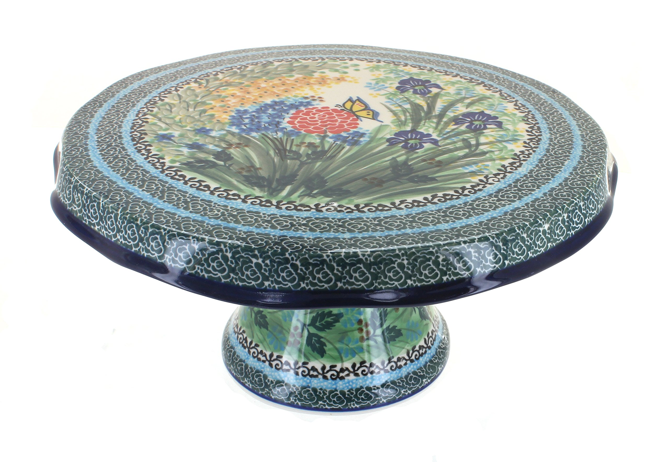 Handmade Blue Rose Polish Pottery Teresa Cake Plate - Elegant Floral Design Ceramic Serving Dish for Afternoon Tea, Dessert Display & Wedding Decor
